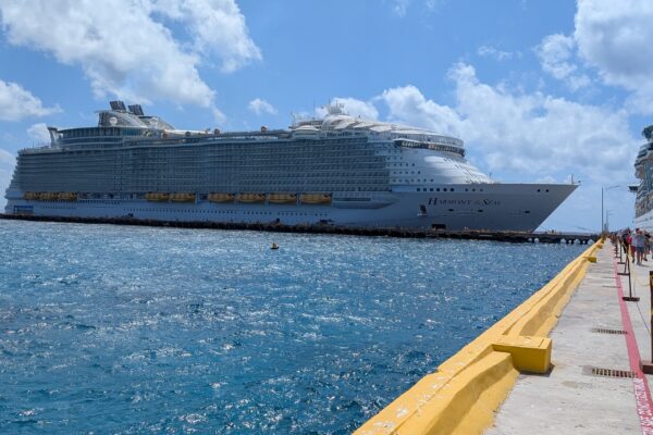 Royal Caribbean's Harmony of the Seas docked alongside a tropical port pier under a bright blue sky.