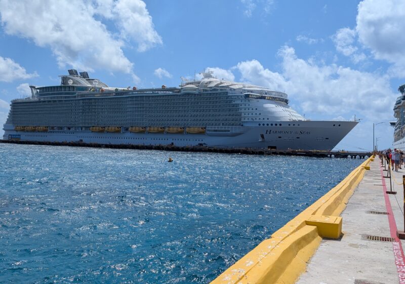 Royal Caribbean's Harmony of the Seas docked alongside a tropical port pier under a bright blue sky.