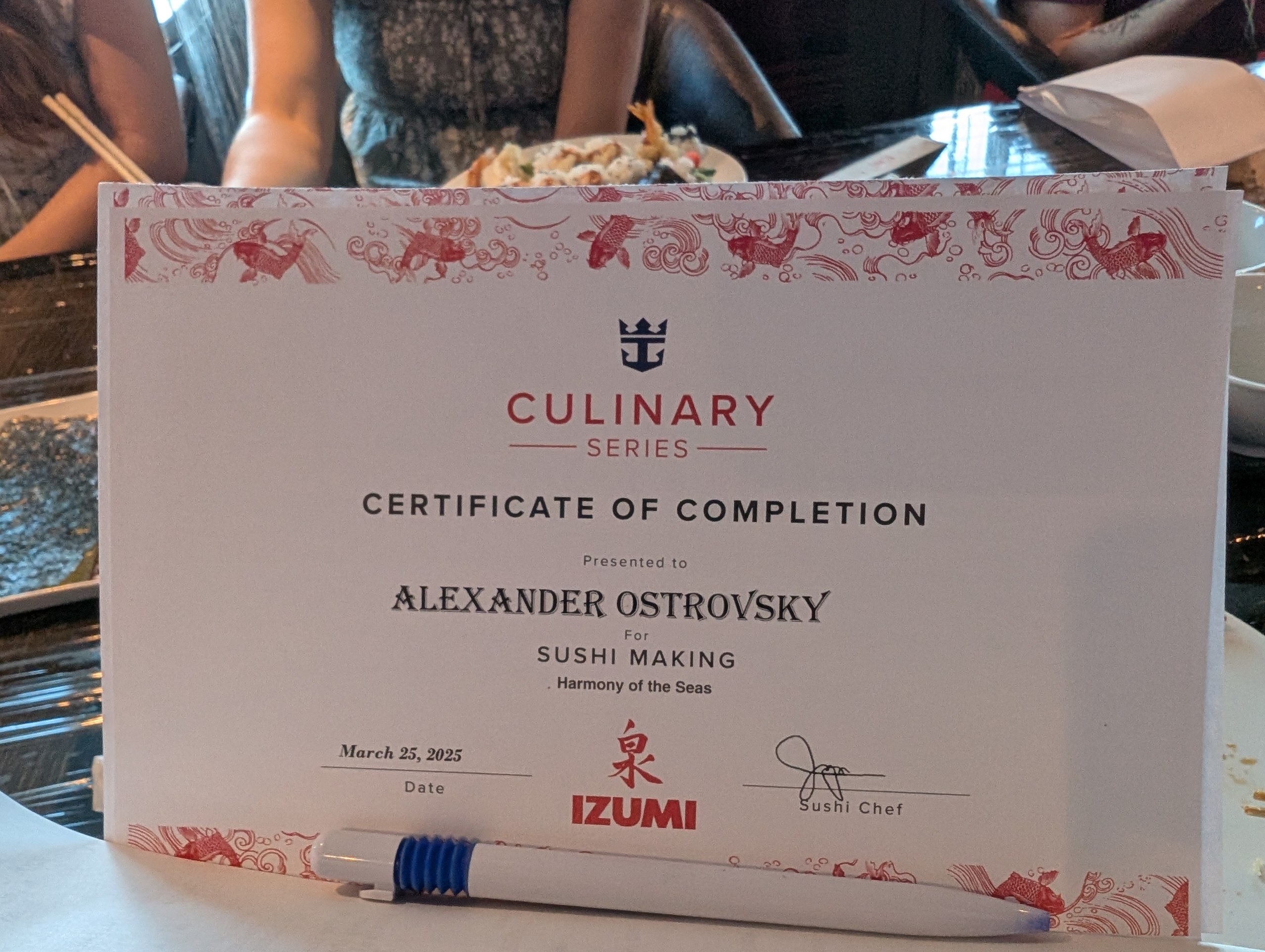 Royal Caribbean Culinary Series certificate of completion for an Izumi sushi-making class aboard Harmony of the Seas.