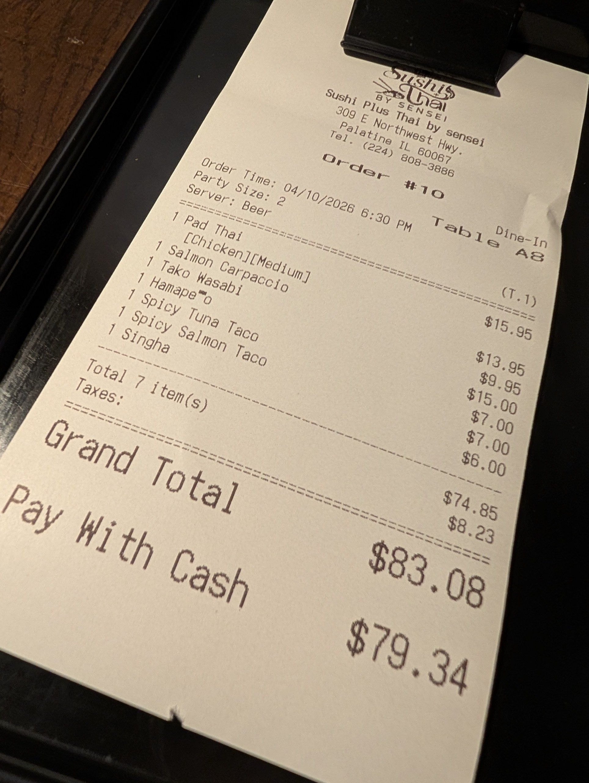 Receipt at Sushi Plus Thai by Sensei in Palatine, Illinois