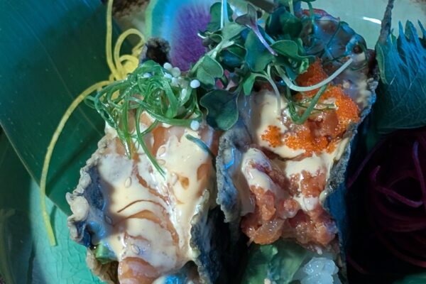 Spicy tuna and spicy salmon sushi tacos at Sushi Plus Thai by Sensei in Palatine, Illinois