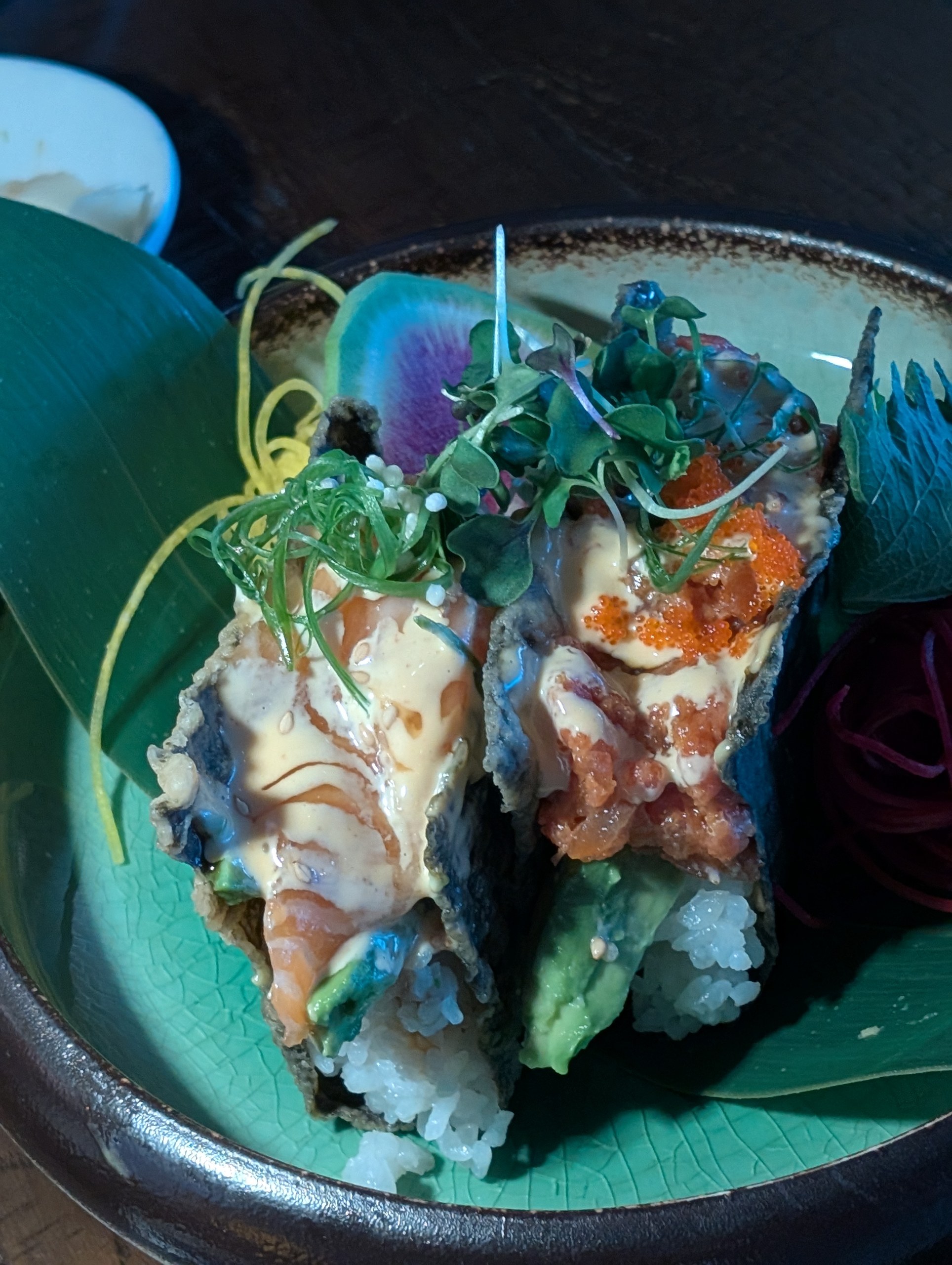 Spicy tuna and spicy salmon sushi tacos at Sushi Plus Thai by Sensei in Palatine, Illinois