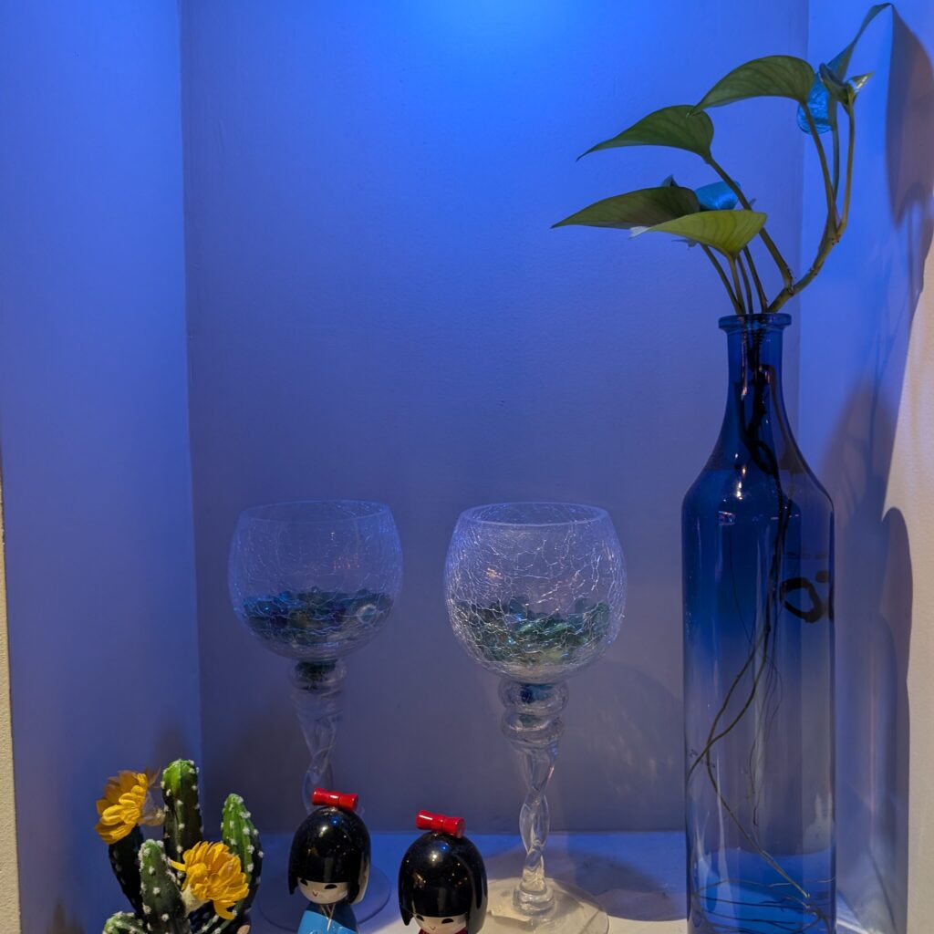Decorative shelf nook at Tekka Sushi with kokeshi style dolls, a small cactus, and blue accent lighting