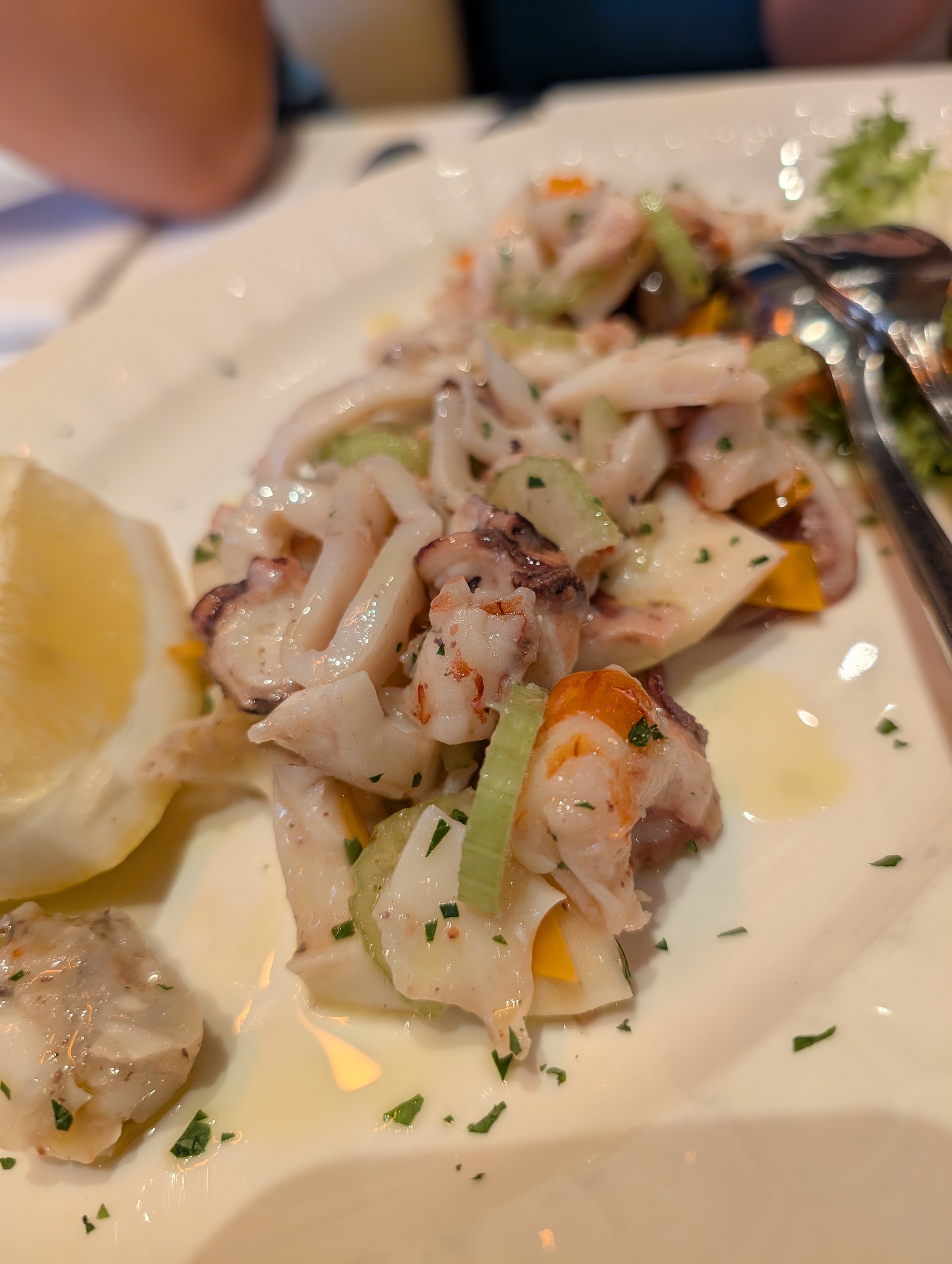 Plated seafood antipasto with octopus, calamari, shrimp at Alla Rampa dei Gracchi, Rome