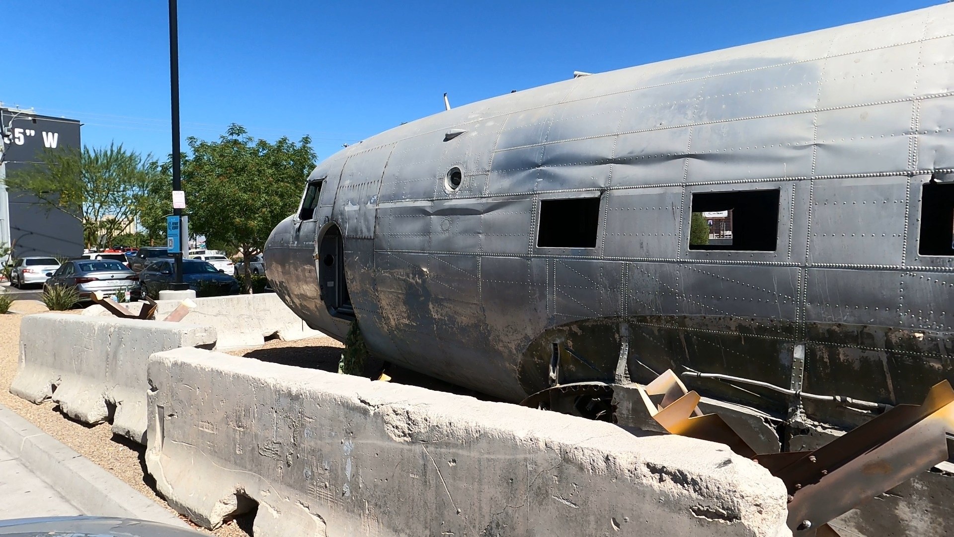 Decommissioned airplane fuselage repurposed as a crashed plane prop outside Area 15 in Las Vegas