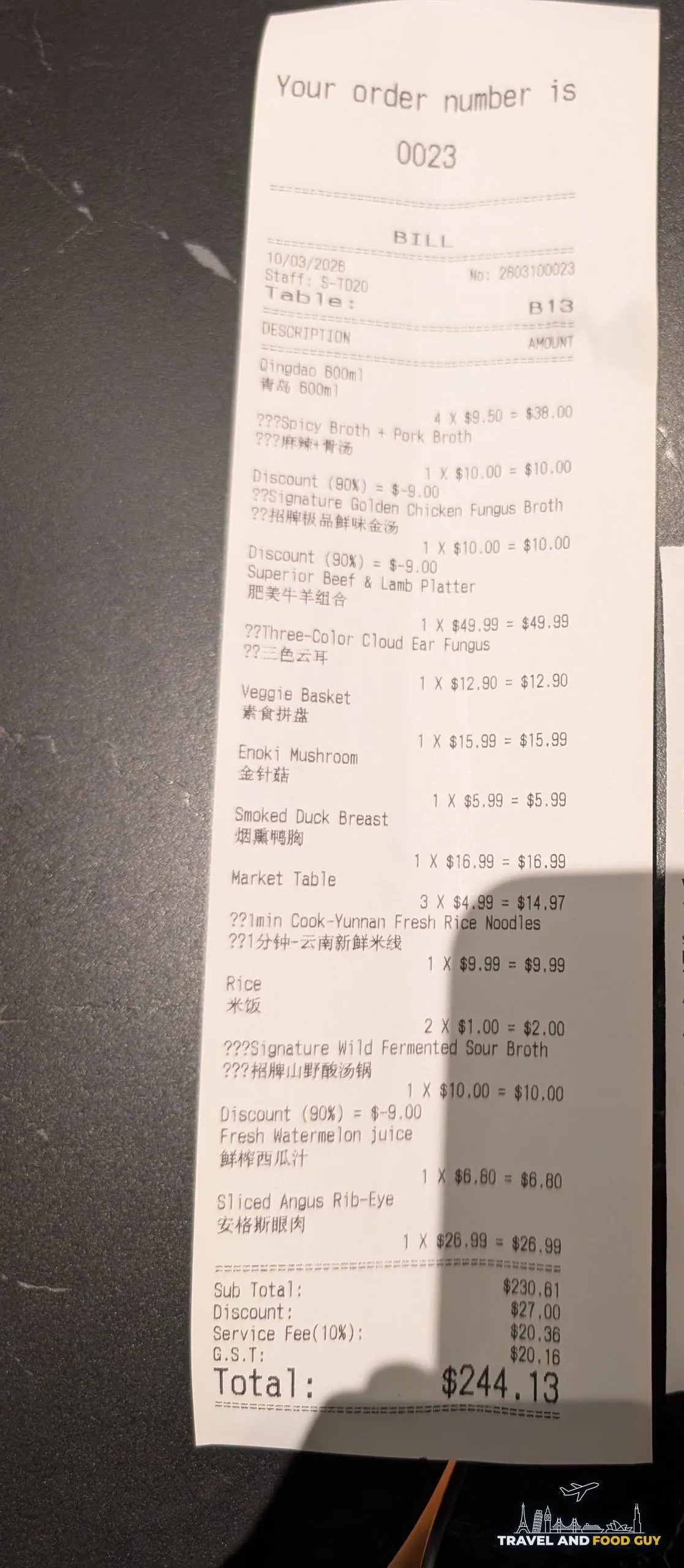 Itemized Broth and Beyond receipt showing the Instagram-follow discounts on the broths and a total of S$244.13