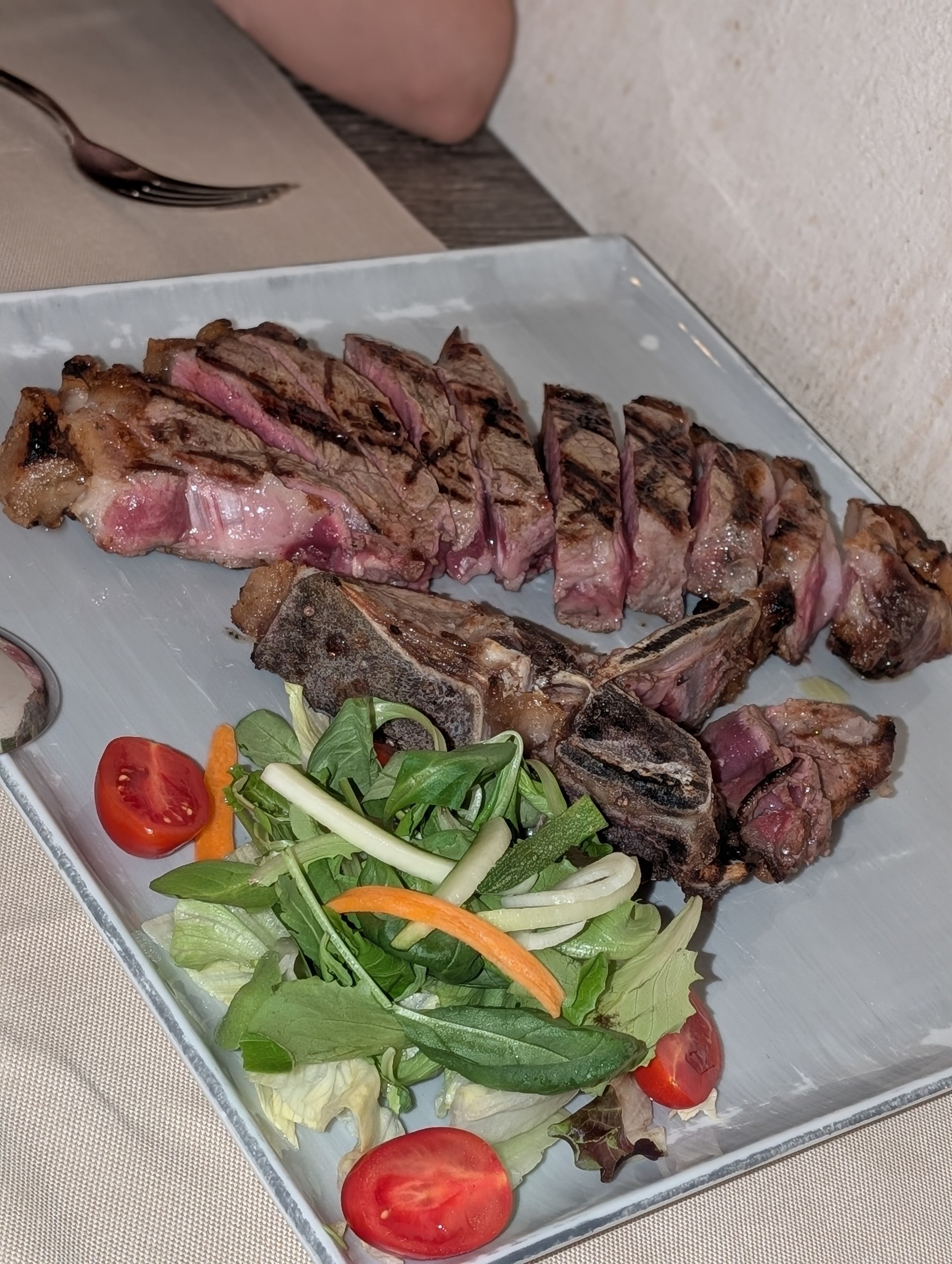 Sliced bone-in steak with fresh salad of arugula, cherry tomatoes, julienned carrots and cucumbers at Cantinetta delle Terme, Florence