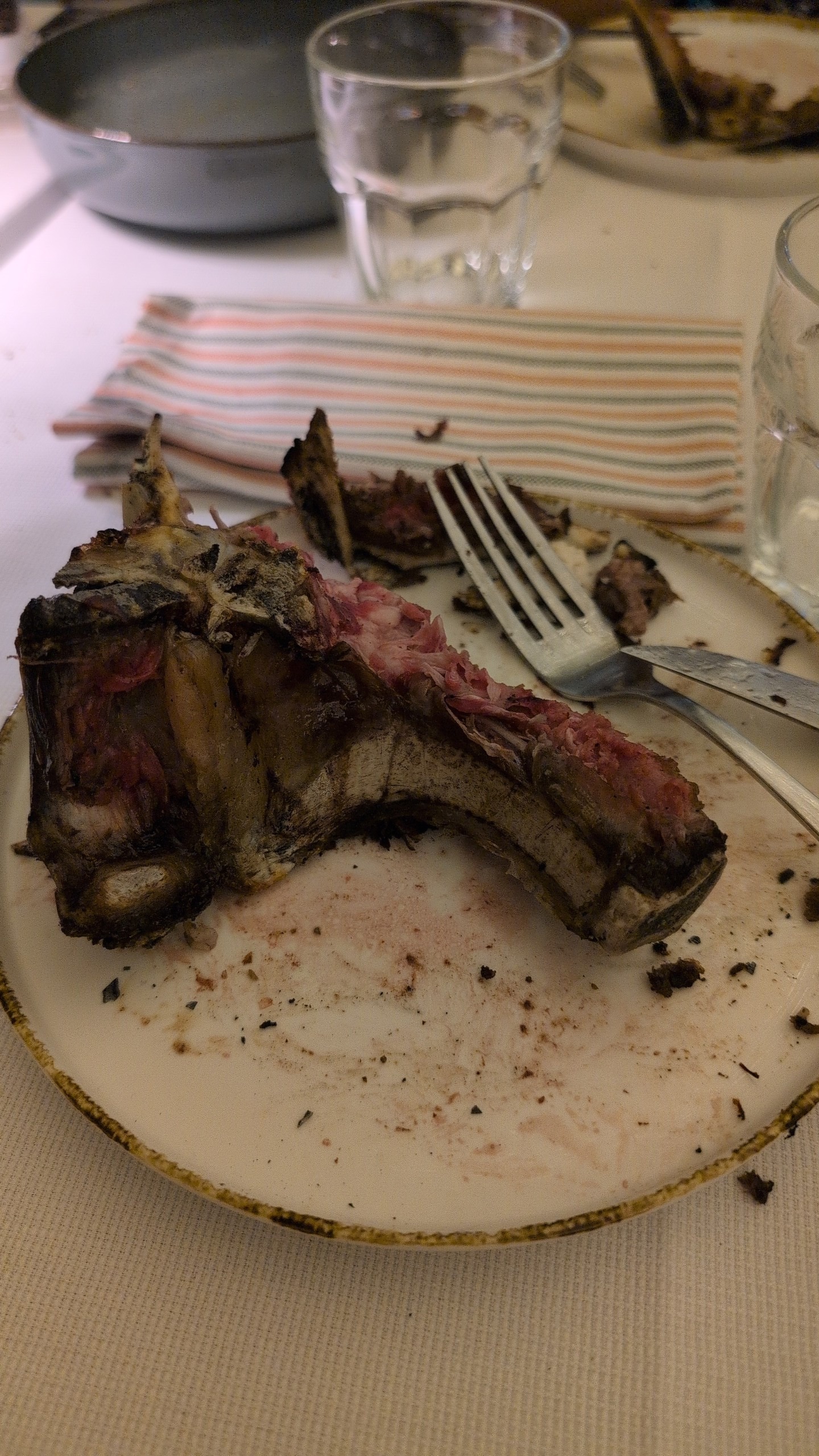 Aftermath of bistecca alla Fiorentina, the bone on a striped napkin at Da Aldone, Florence