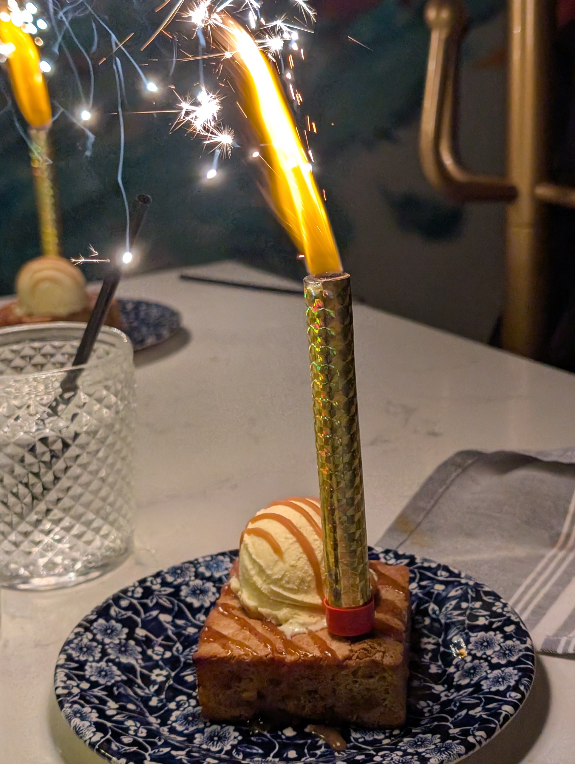 Birthday blondie with sparkler and vanilla ice cream at The Foxtail on the Lake