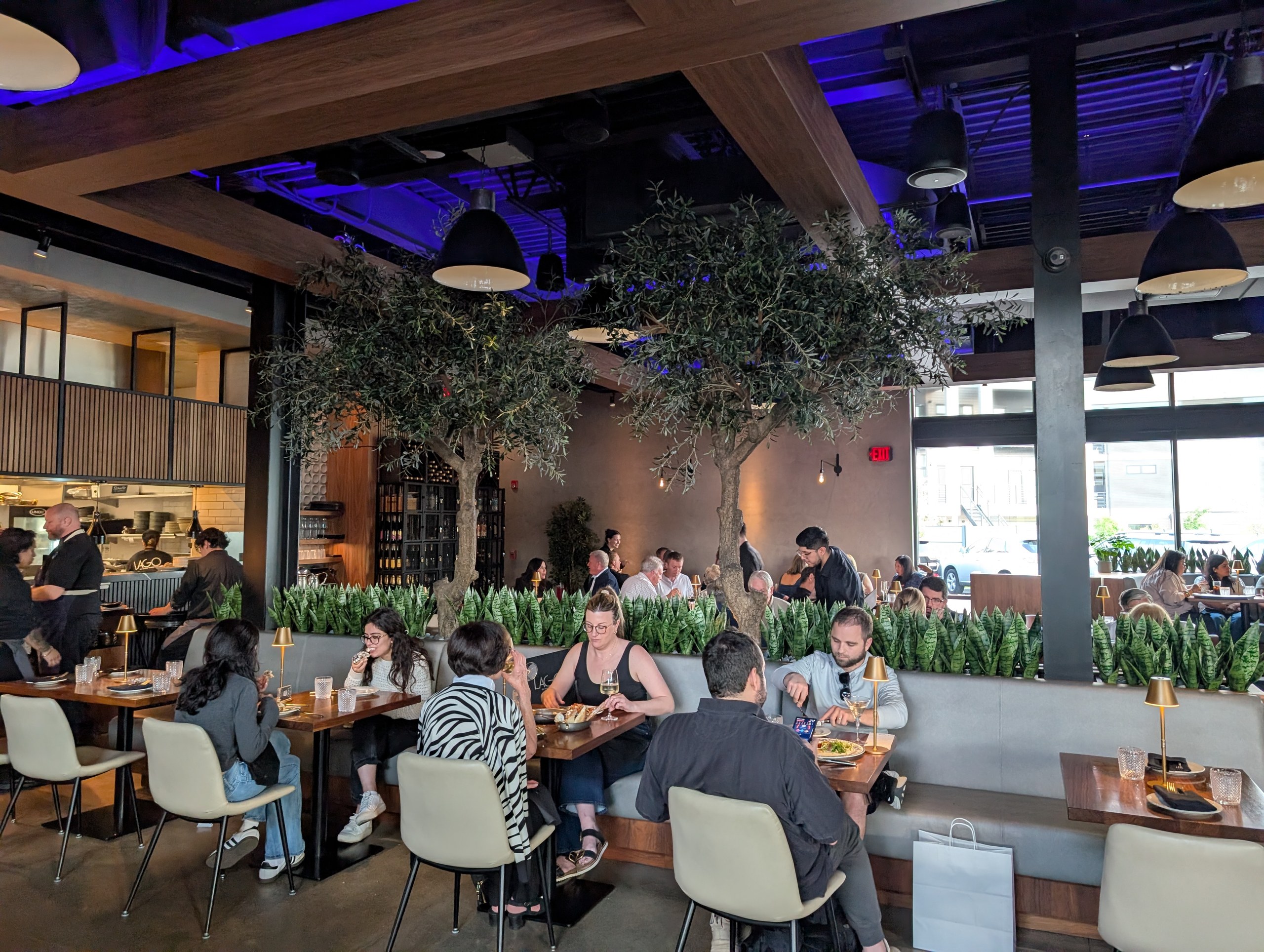 Green banquette under olive trees in the dining room at LAGO Lake Zurich