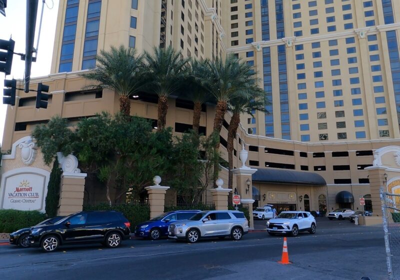 Marriott Vacation Club Grand Chateau exterior on Harmon Avenue in Las Vegas with the property signage visible