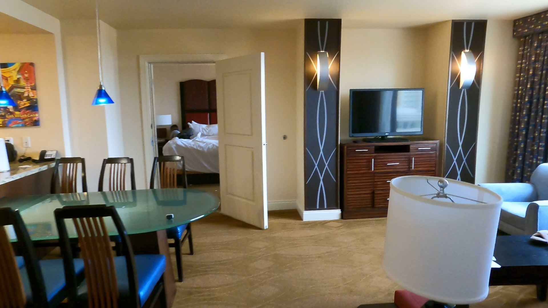 Living room view looking through the doorway to the master bedroom in the Marriott Grand Chateau two-bedroom suite
