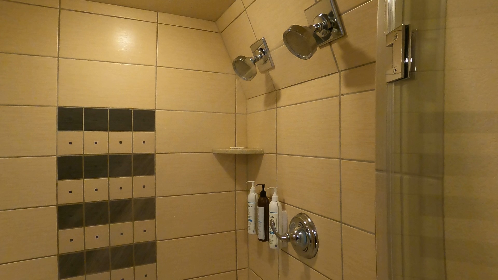 Double shower heads in the master bathroom of the Marriott Grand Chateau two-bedroom suite