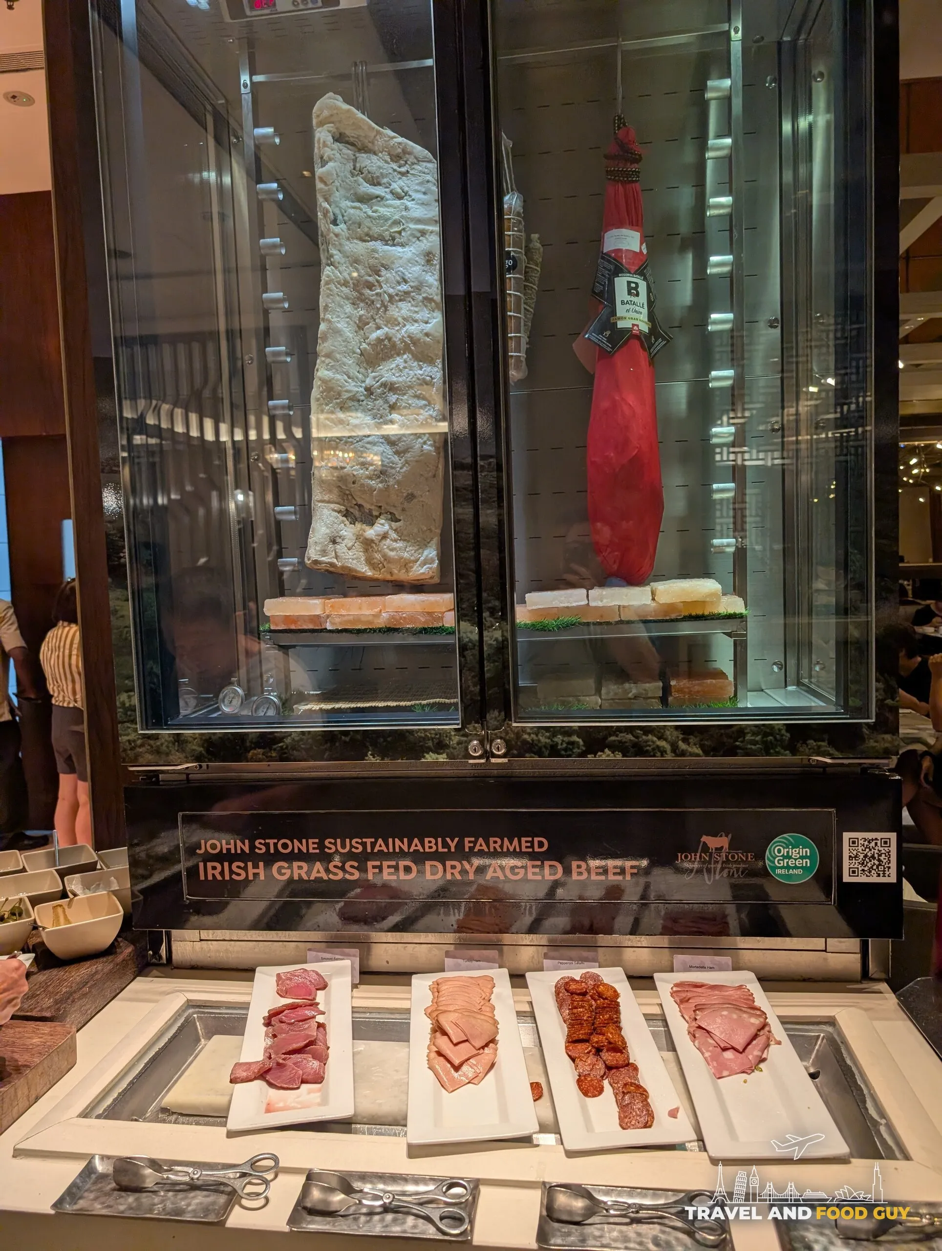 Glass aging cabinet of John Stone dry-aged Irish grass-fed beef at Crossroads, Singapore Marriott Tang Plaza