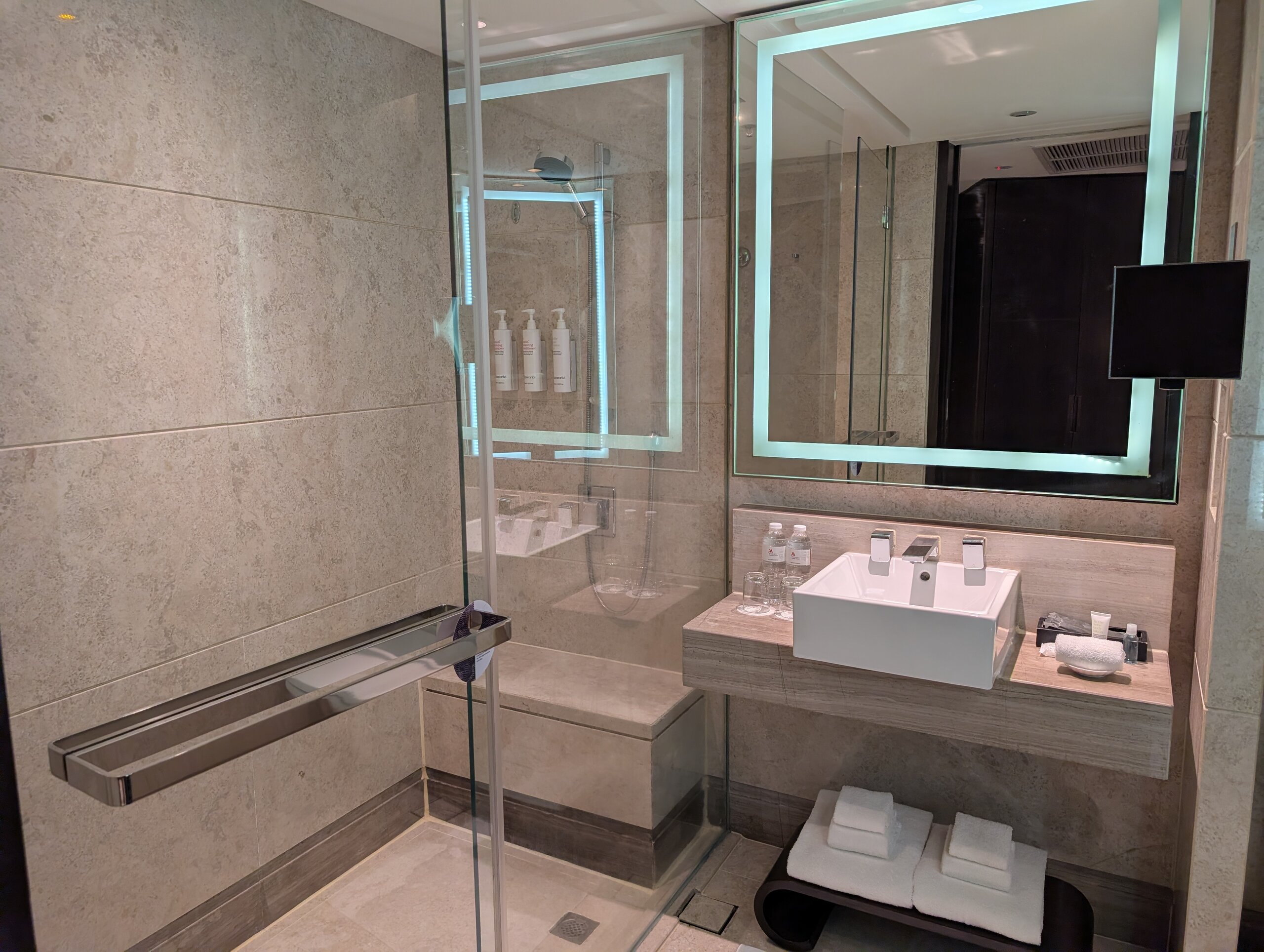 Walk-in shower and vanity in the Singapore Marriott Tang Plaza Executive King bathroom