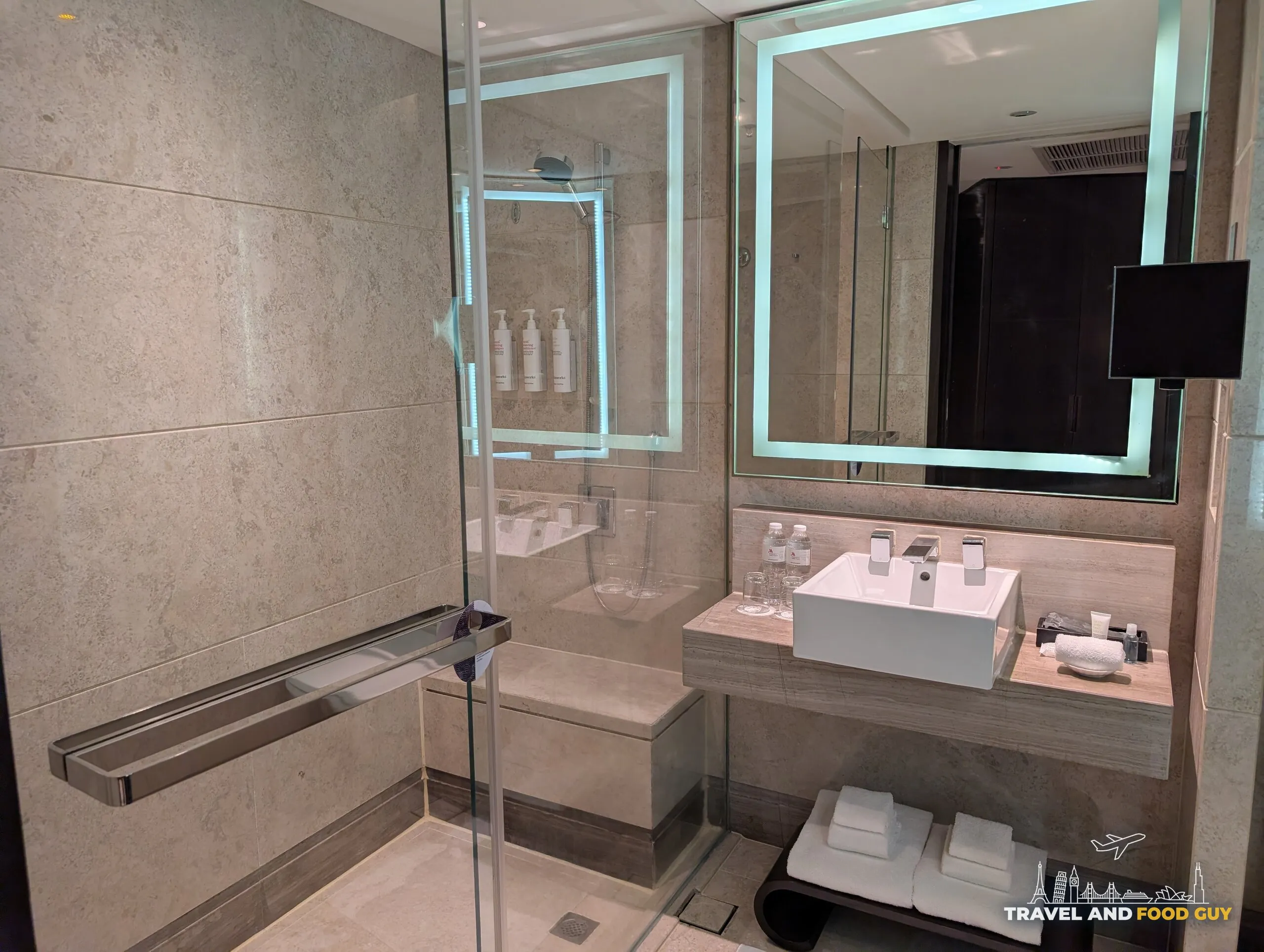 Walk-in shower and vanity in the Singapore Marriott Tang Plaza Executive King bathroom