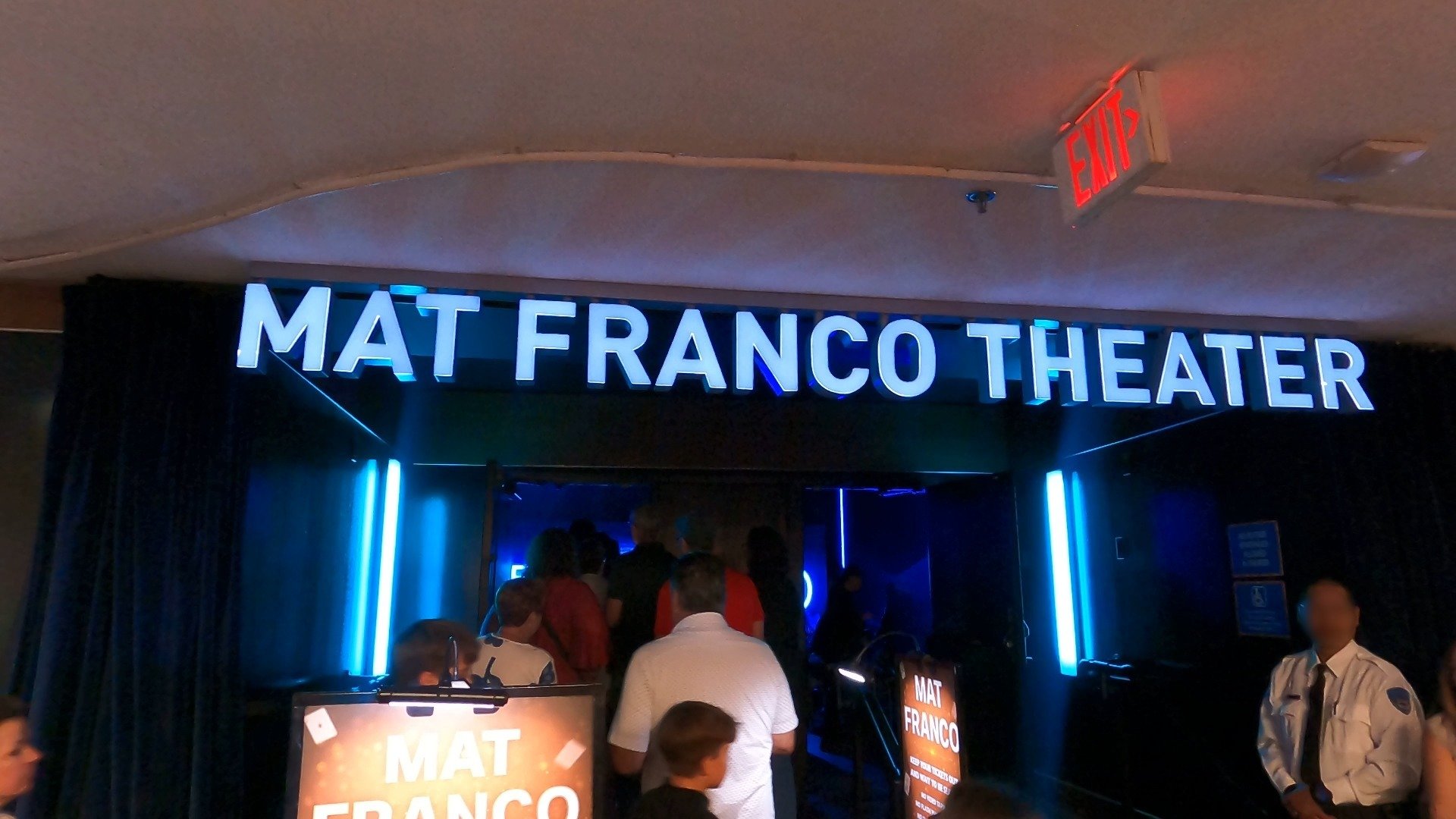 Mat Franco Theater entrance signage at The Linq Las Vegas with blue neon lighting