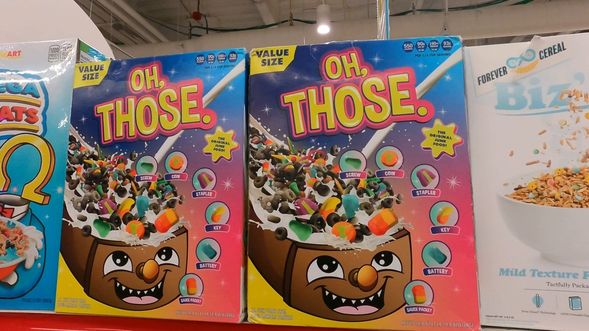 Oh Those cereal boxes with stapler key and battery cereal pieces at Omega Mart by Meow Wolf