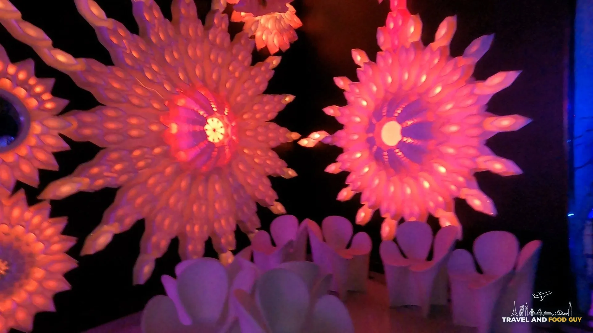 Pink illuminated flower anemone art installation tucked inside the Omega Mart portals