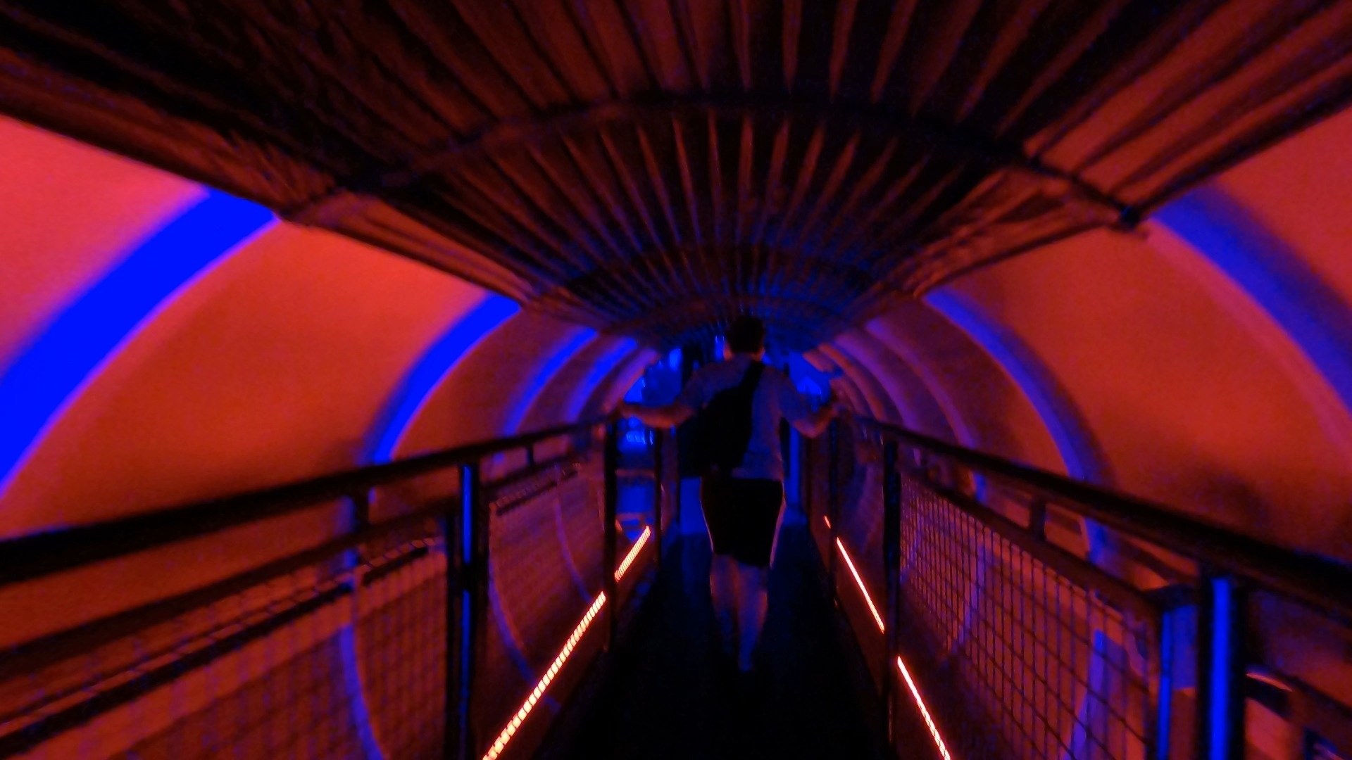 Red and blue ribbed tunnel walkway inside Omega Mart at Area 15