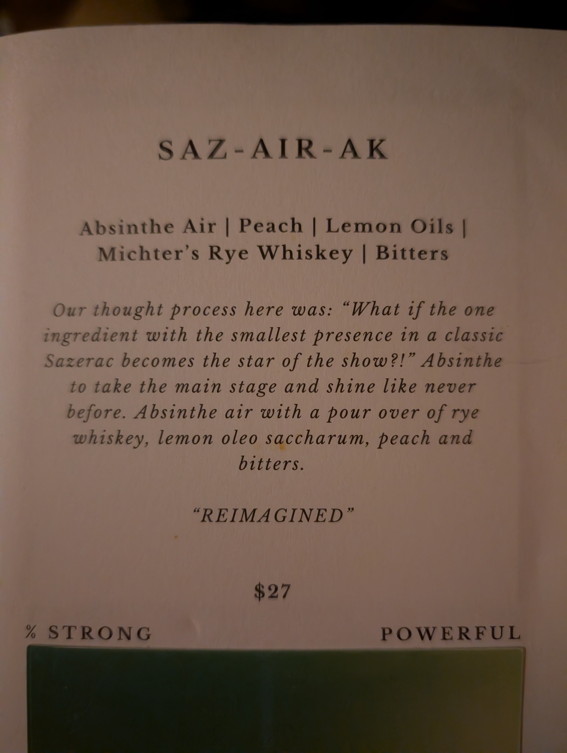 Saz-Air-Ak menu page at Origin Grill and Bar with Michter's rye, absinthe air, peach, lemon oils, and bitters for S$27.