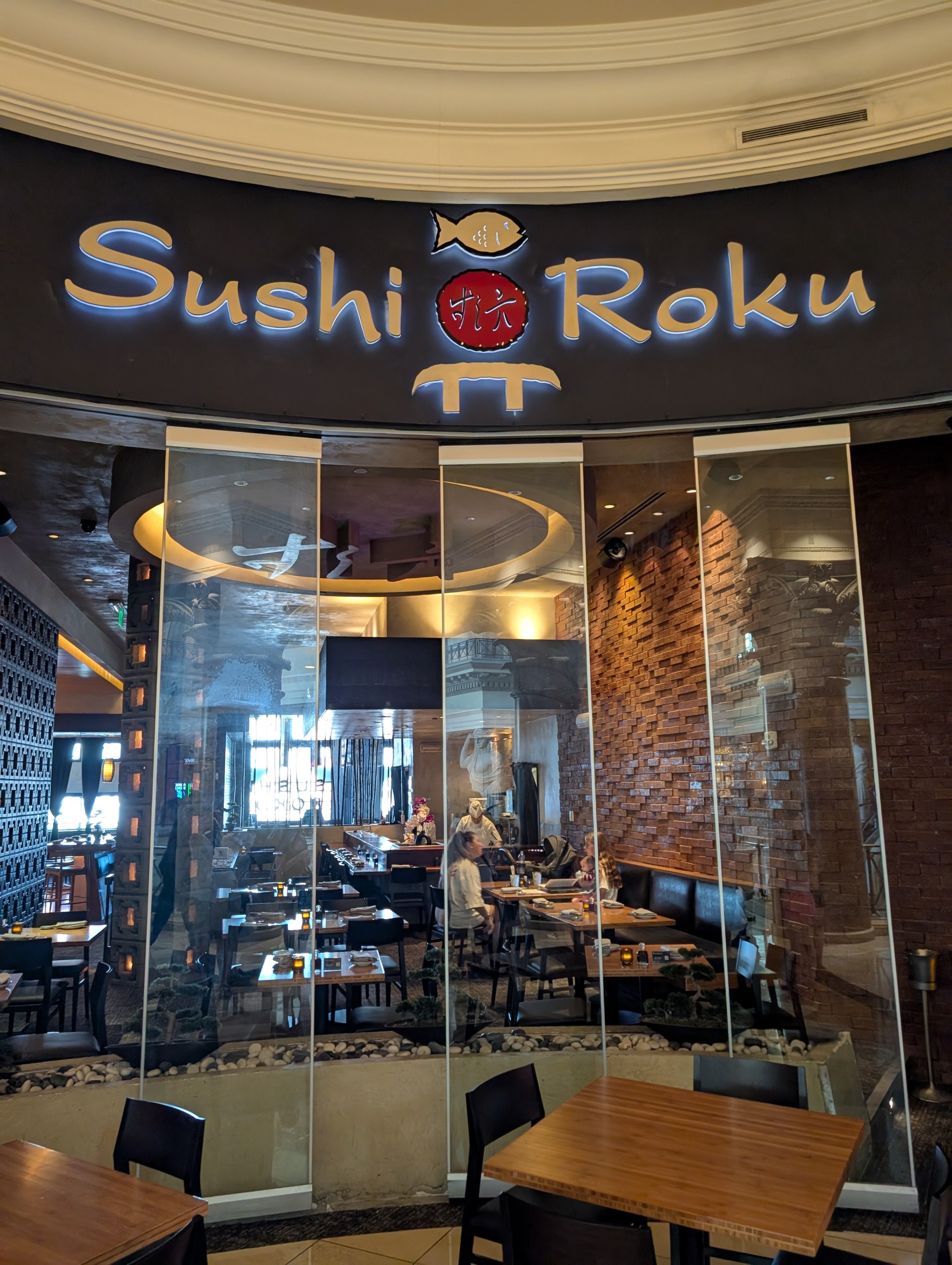 Sushi Roku entrance with neon blue sign at the Forum Shops at Caesars Palace