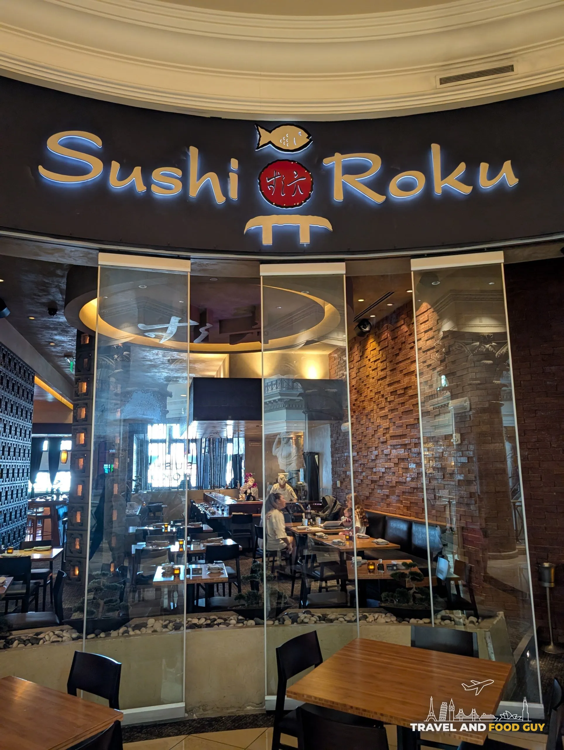 Sushi Roku entrance with neon blue sign at the Forum Shops at Caesars Palace