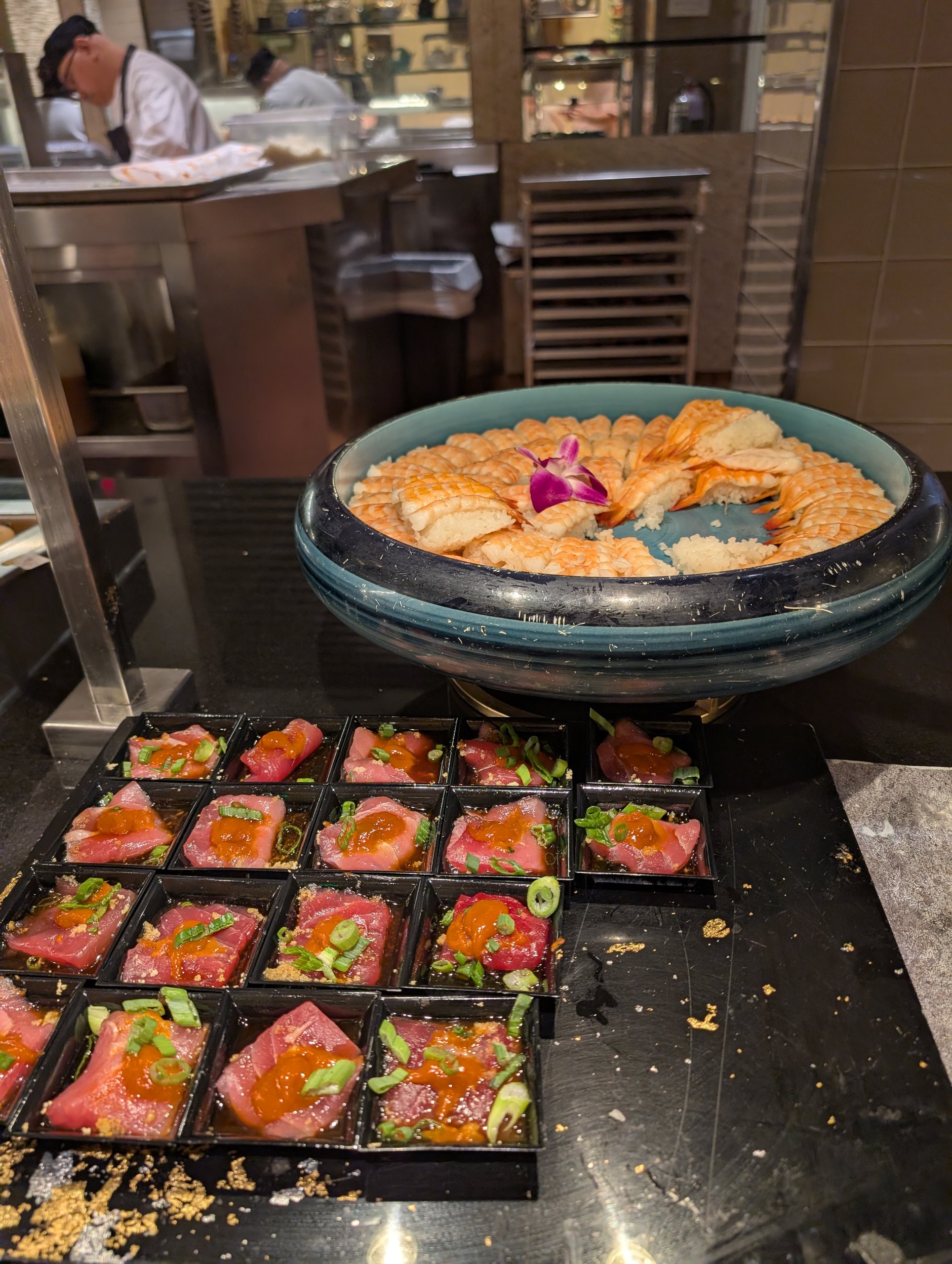 Tuna tartare squares with green onion and sesame at The Buffet at Wynn