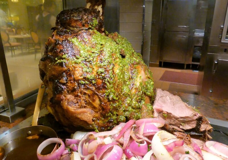 Wagyu steamship roast covered in chimichurri at the carving station of The Buffet at Wynn