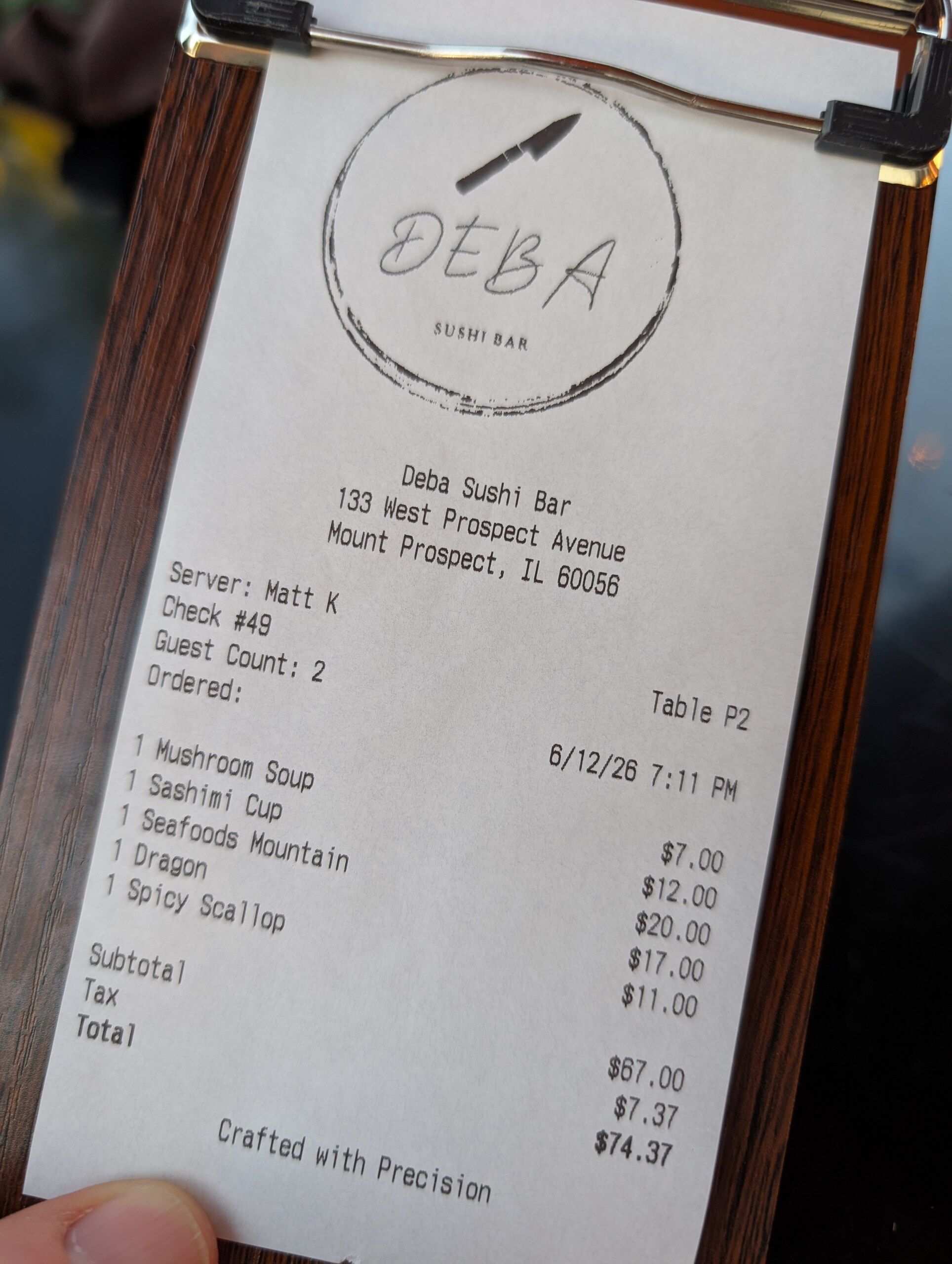Itemized receipt from dinner for two at Deba Sushi Bar