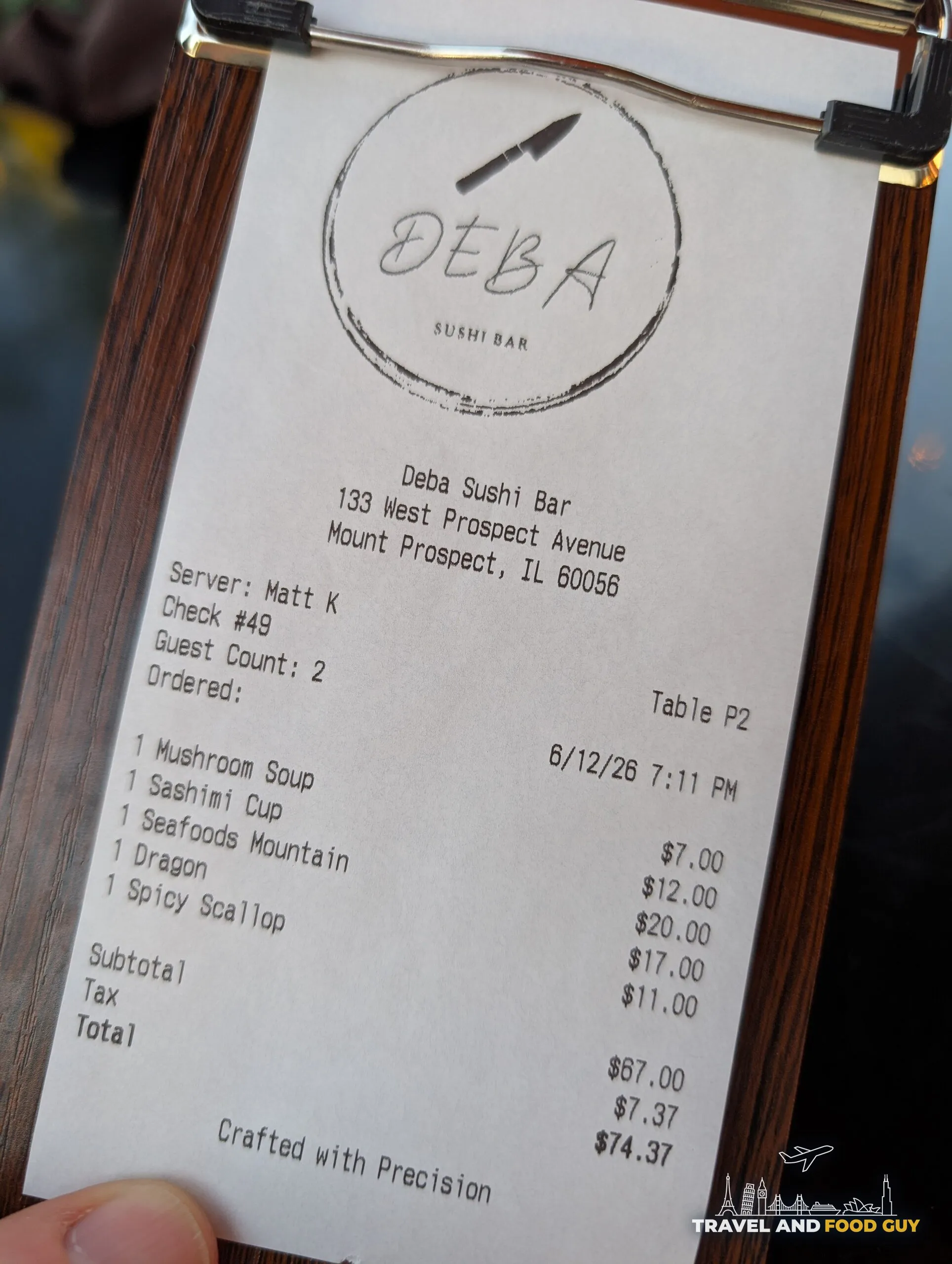 Itemized receipt from dinner for two at Deba Sushi Bar