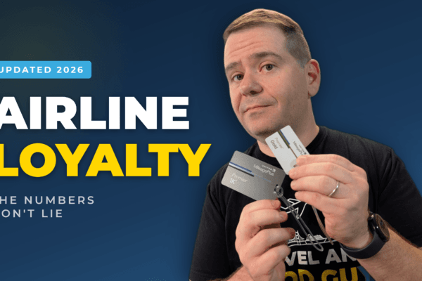 Alex holding United MileagePlus Premier 1K and Premier Gold status cards next to the headline Airline Loyalty, The Numbers Don't Lie