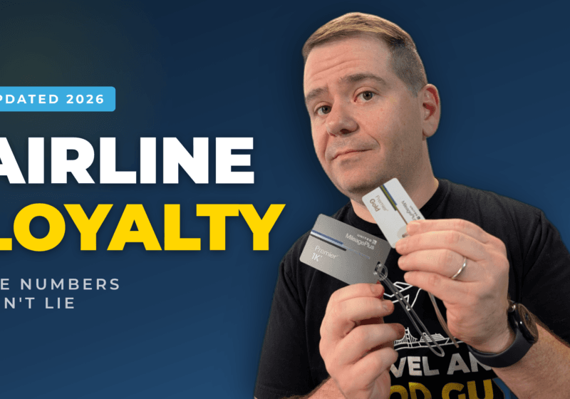 Alex holding United MileagePlus Premier 1K and Premier Gold status cards next to the headline Airline Loyalty, The Numbers Don't Lie