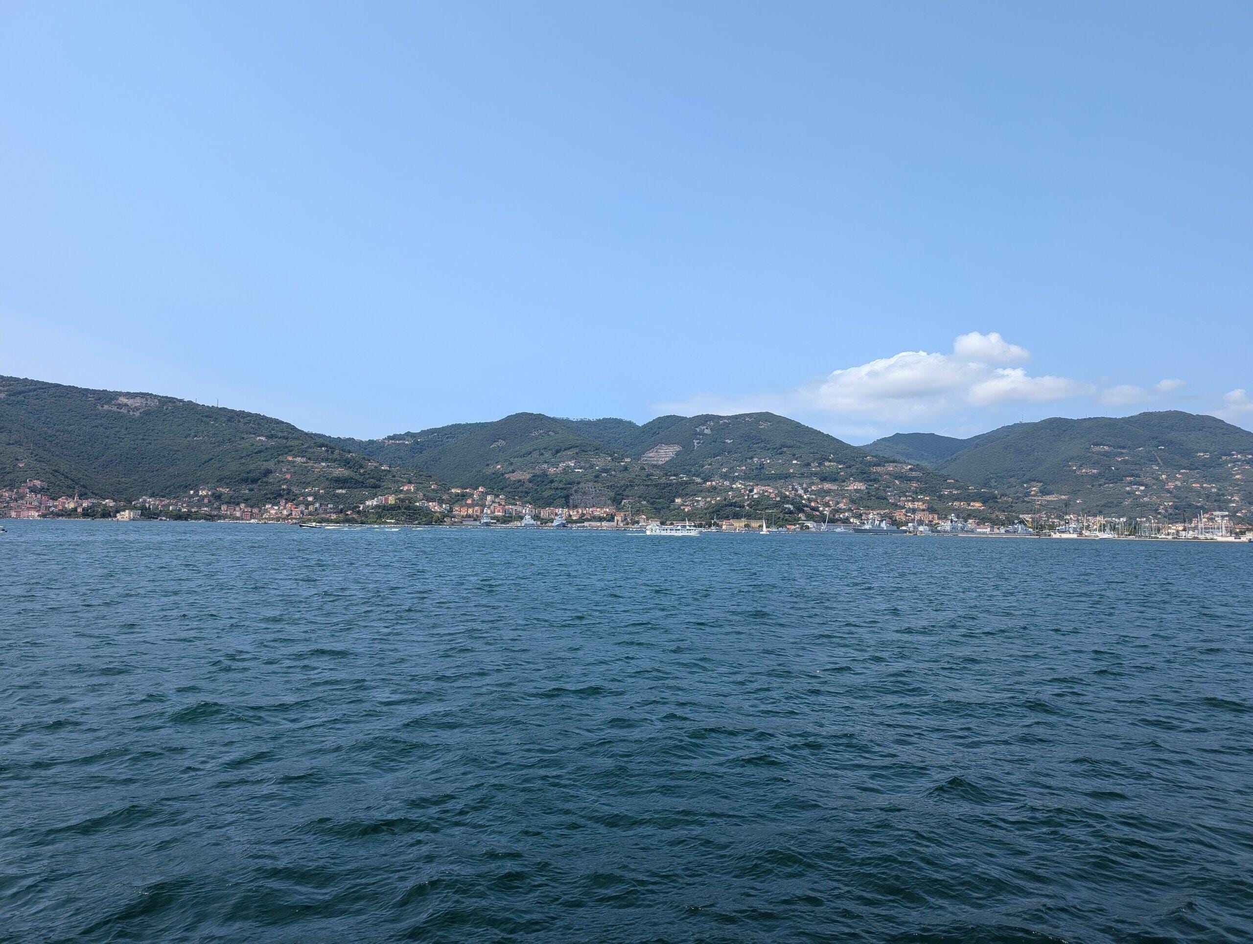 La Spezia coastline and hills seen from the water