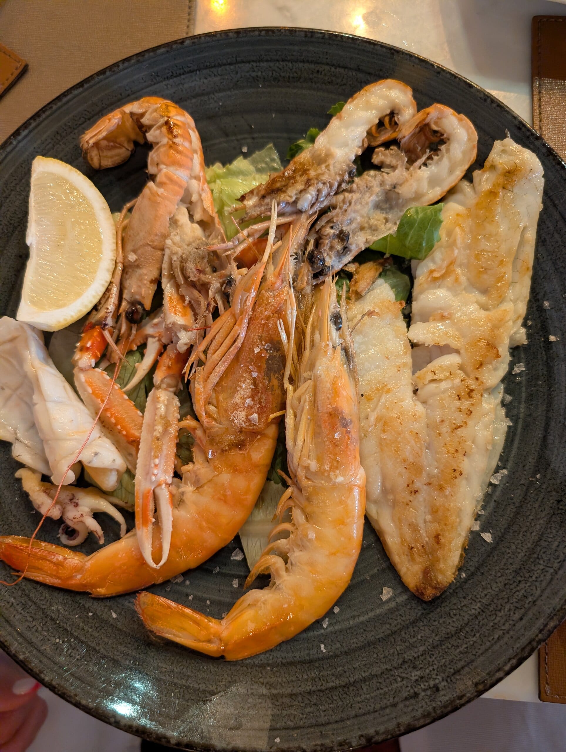 Gran Grigliata di Mare with scampi, king prawns, white fish fillet and grilled squid at Mylord