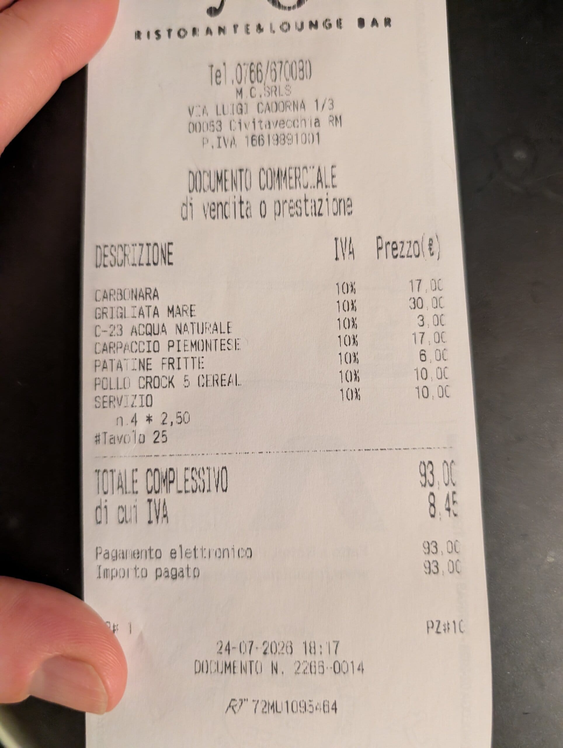 Itemized receipt from Mylord in Civitavecchia showing a 93 euro total for a family of four