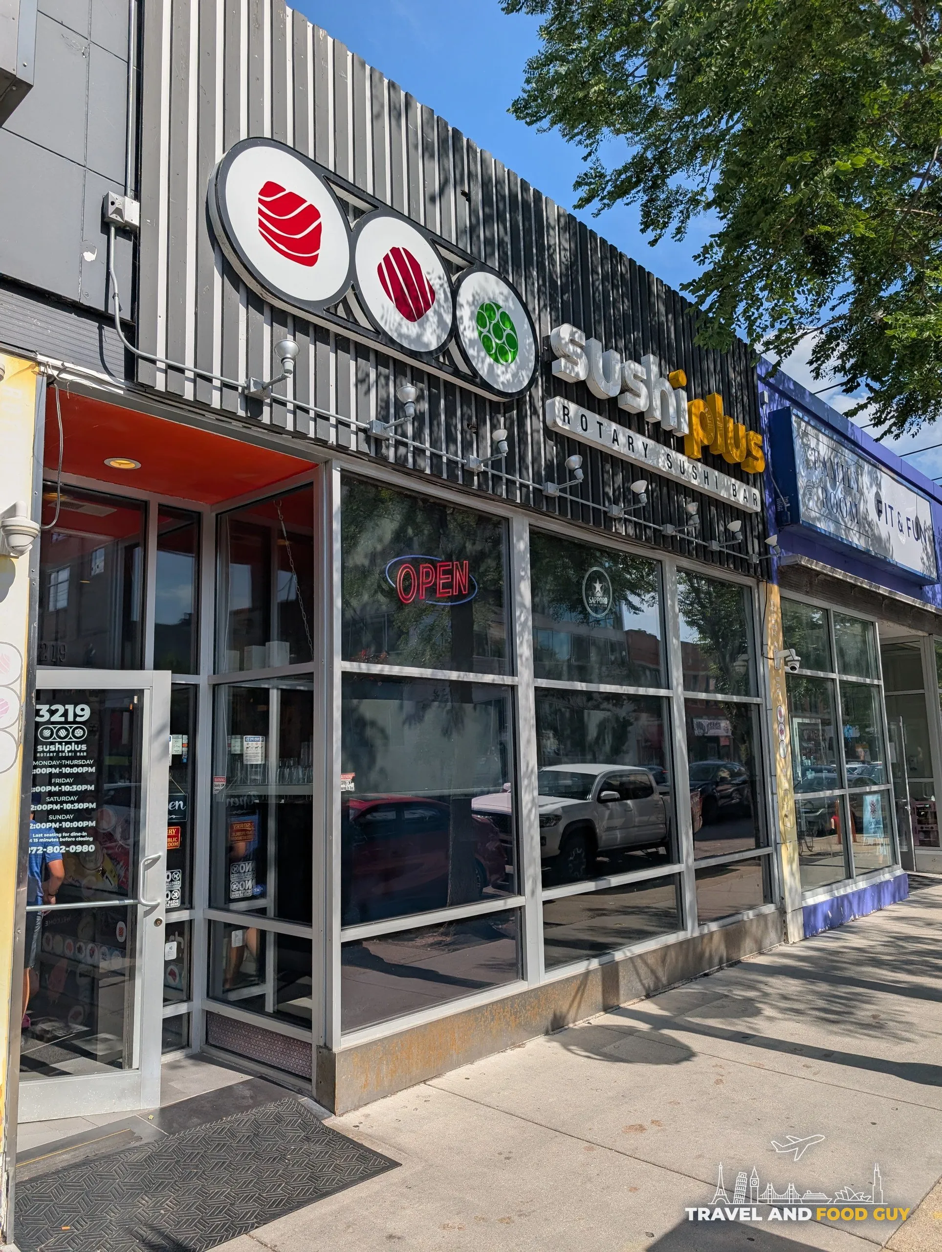 Sushi Plus Rotary Sushi Bar exterior on North Broadway in Boystown, Chicago