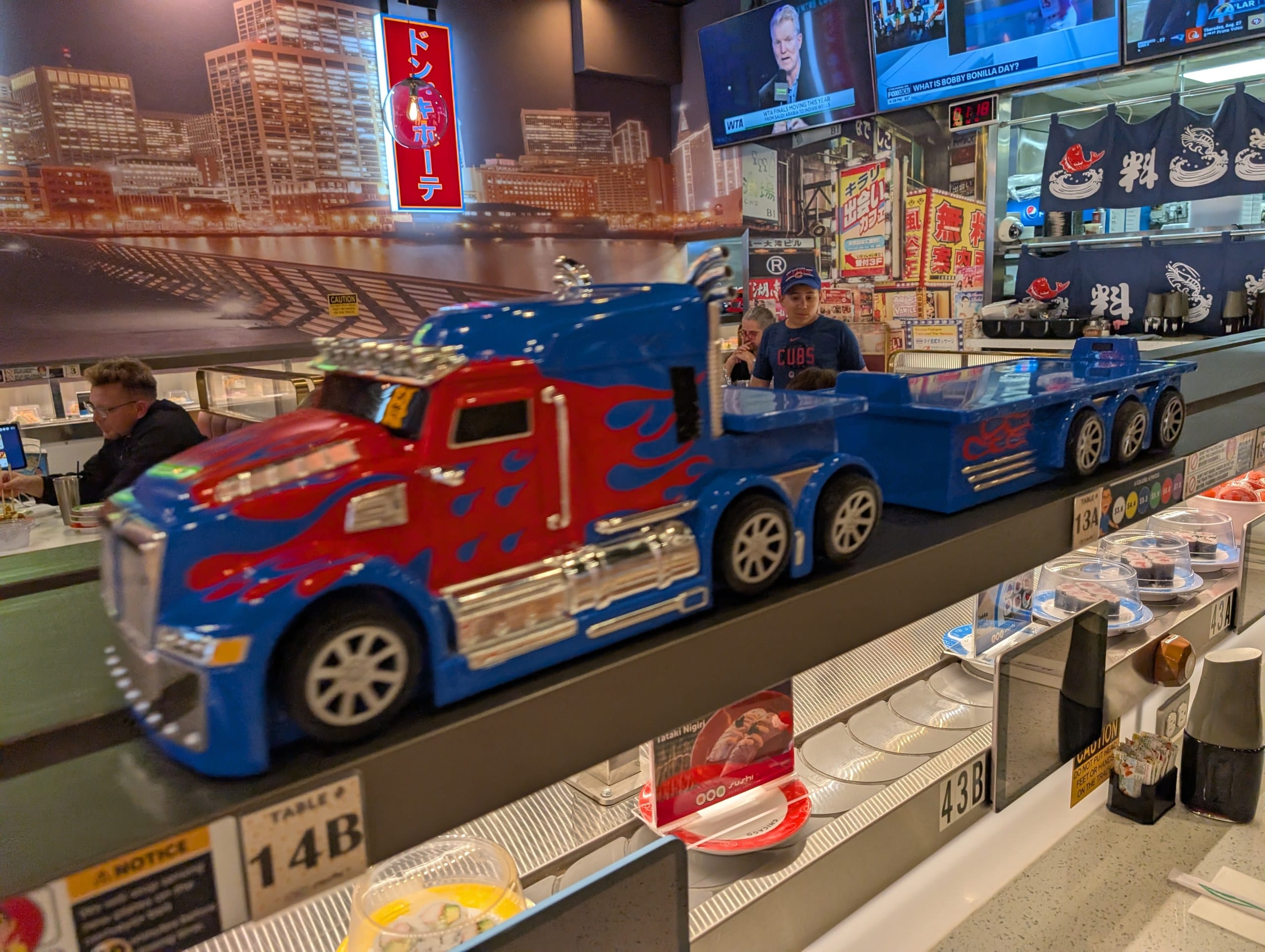 The Optimus Prime truck that delivers tablet orders on the express track at Sushi Plus