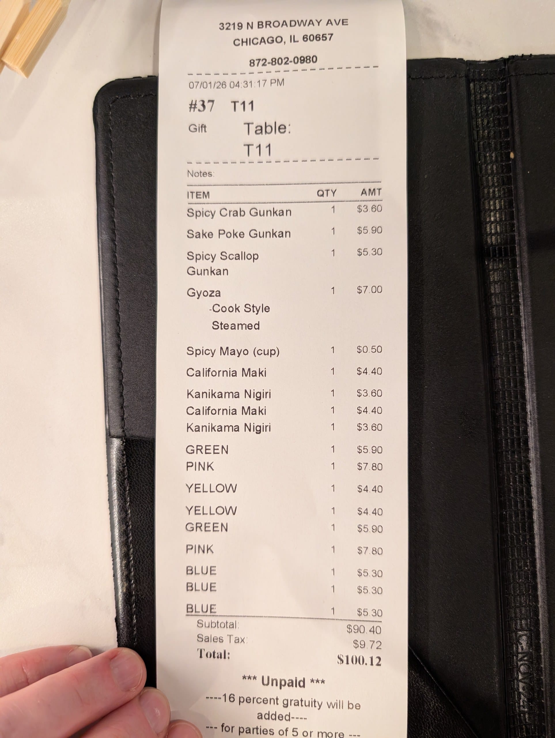 The Sushi Plus Rotary Sushi Bar receipt, subtotal 90.40 dollars for four people
