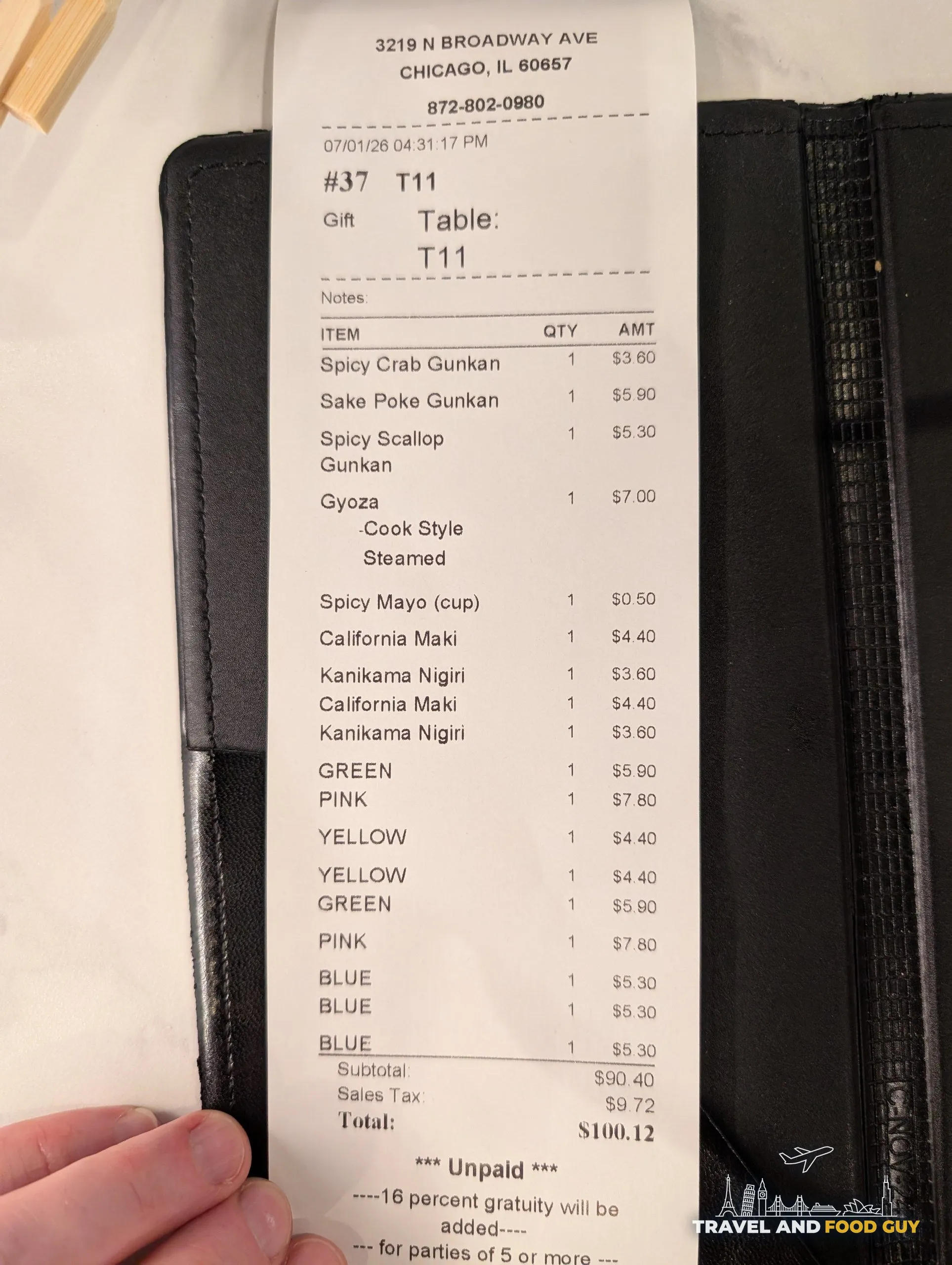 The Sushi Plus Rotary Sushi Bar receipt, subtotal 90.40 dollars for four people