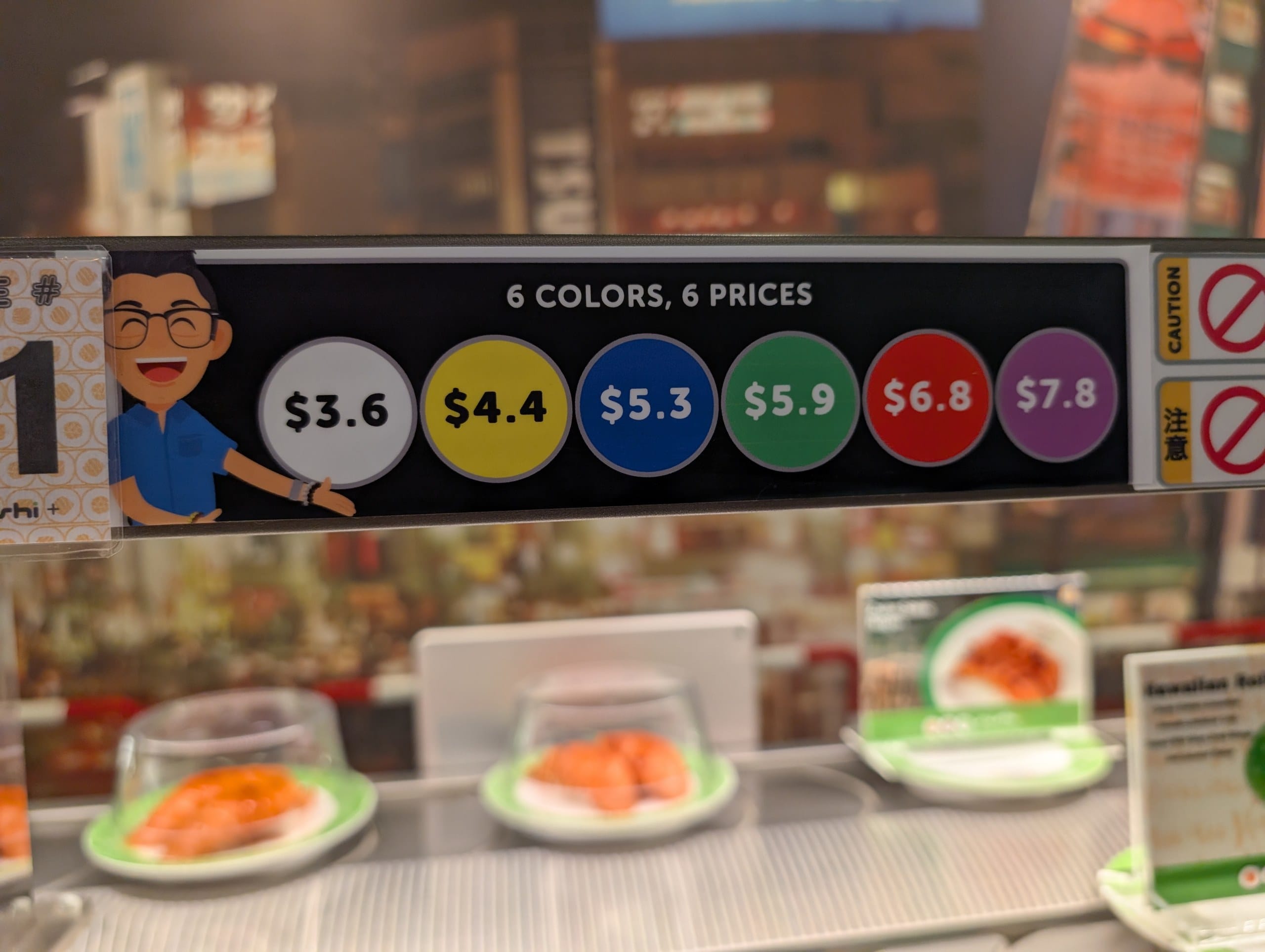 The six colors, six prices plate pricing board at Sushi Plus Rotary Sushi Bar