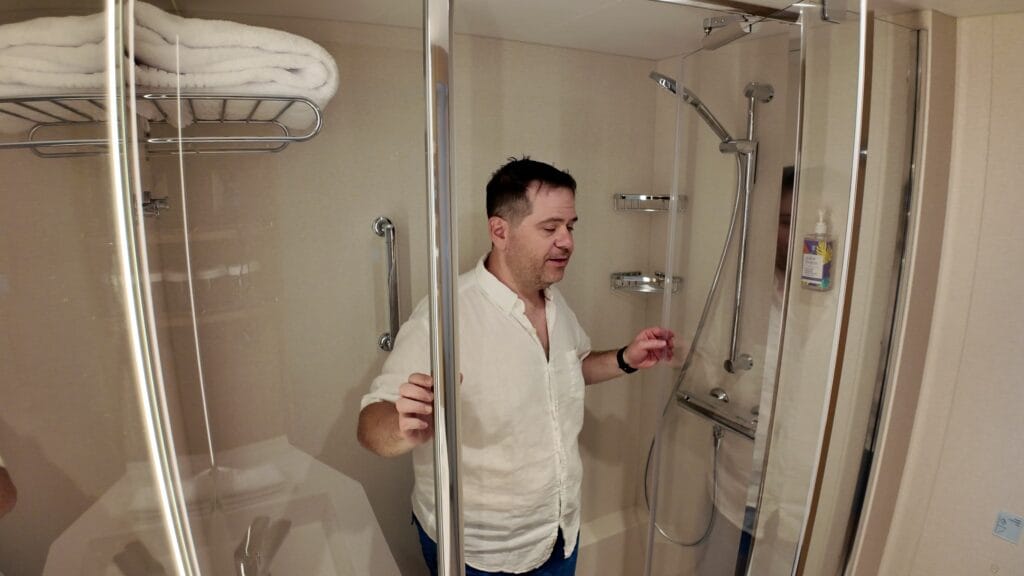 The shower in Legend of the Seas stateroom 14632, showing the width compared to Oasis class ships