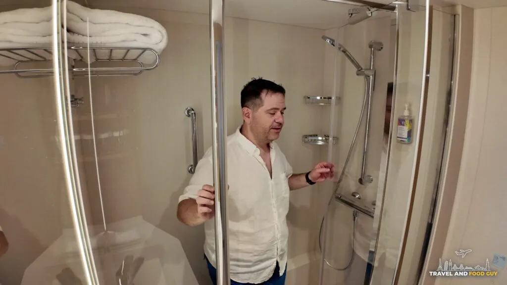 The shower in Legend of the Seas stateroom 14632, showing the width compared to Oasis class ships