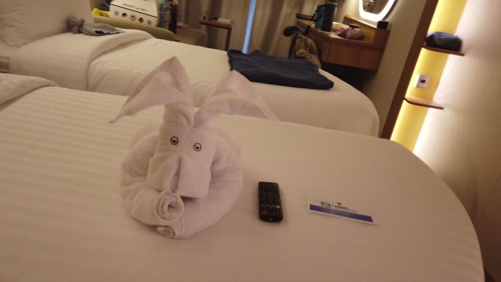 The kids stateroom next door with the beds separated into two twins and a towel elephant