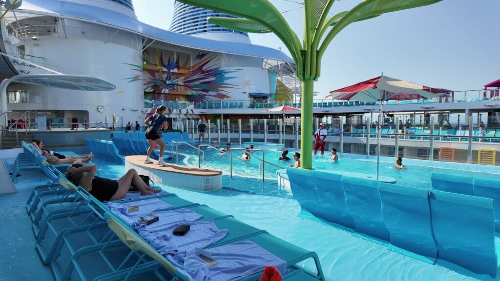 The Chill Island pool deck on Legend of the Seas, directly above the deck 14 staterooms