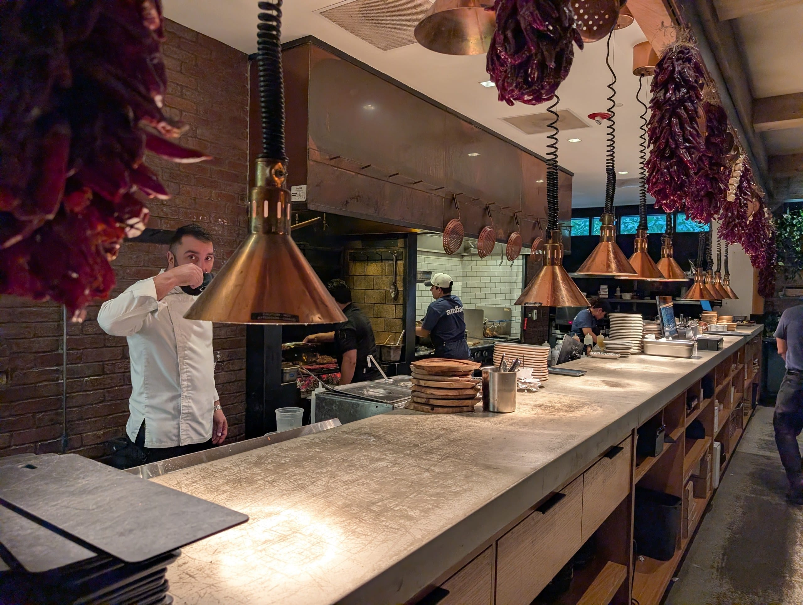 Copper heat lamps and braids of dried peppers hang over the pass, with the wood burning oven and the kitchen line working behind it.