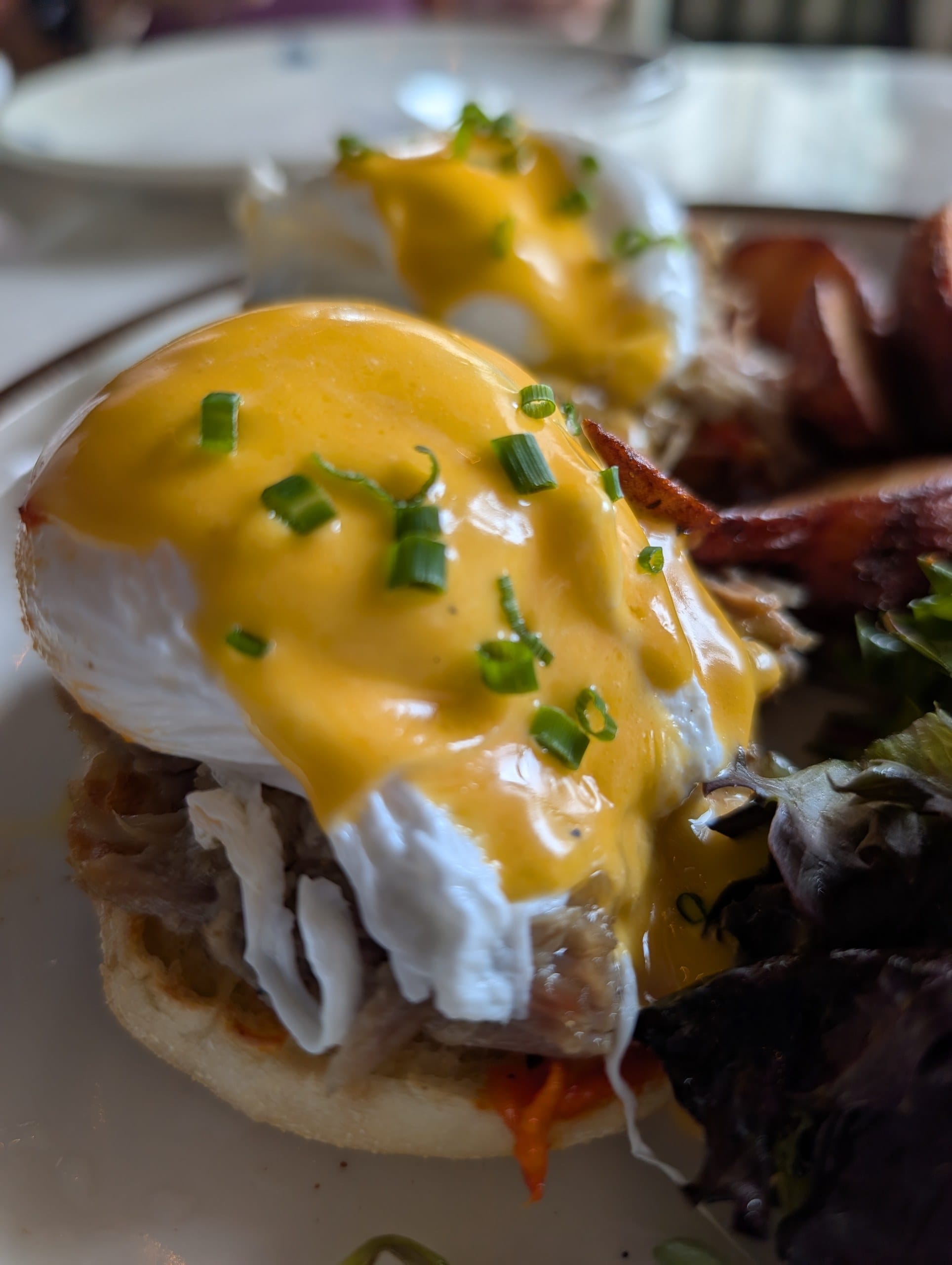 The pulled pork benedict comes with poached eggs and hollandaise over slow cooked pork shoulder, with breakfast potatoes and a mixed green salad.