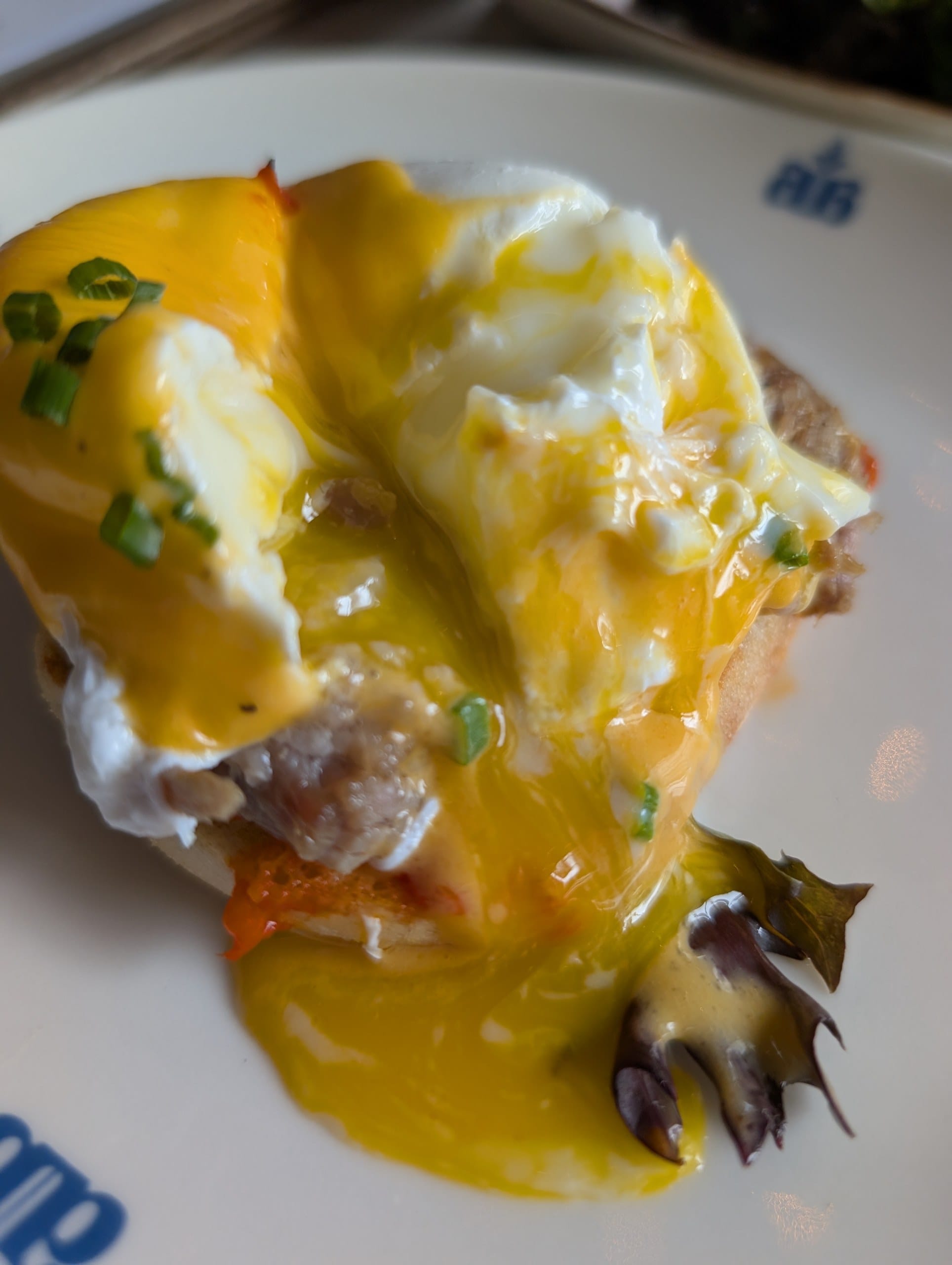 The yolk runs across the plate once the poached egg is cut, over hollandaise, sun dried tomato and the pulled pork beneath.