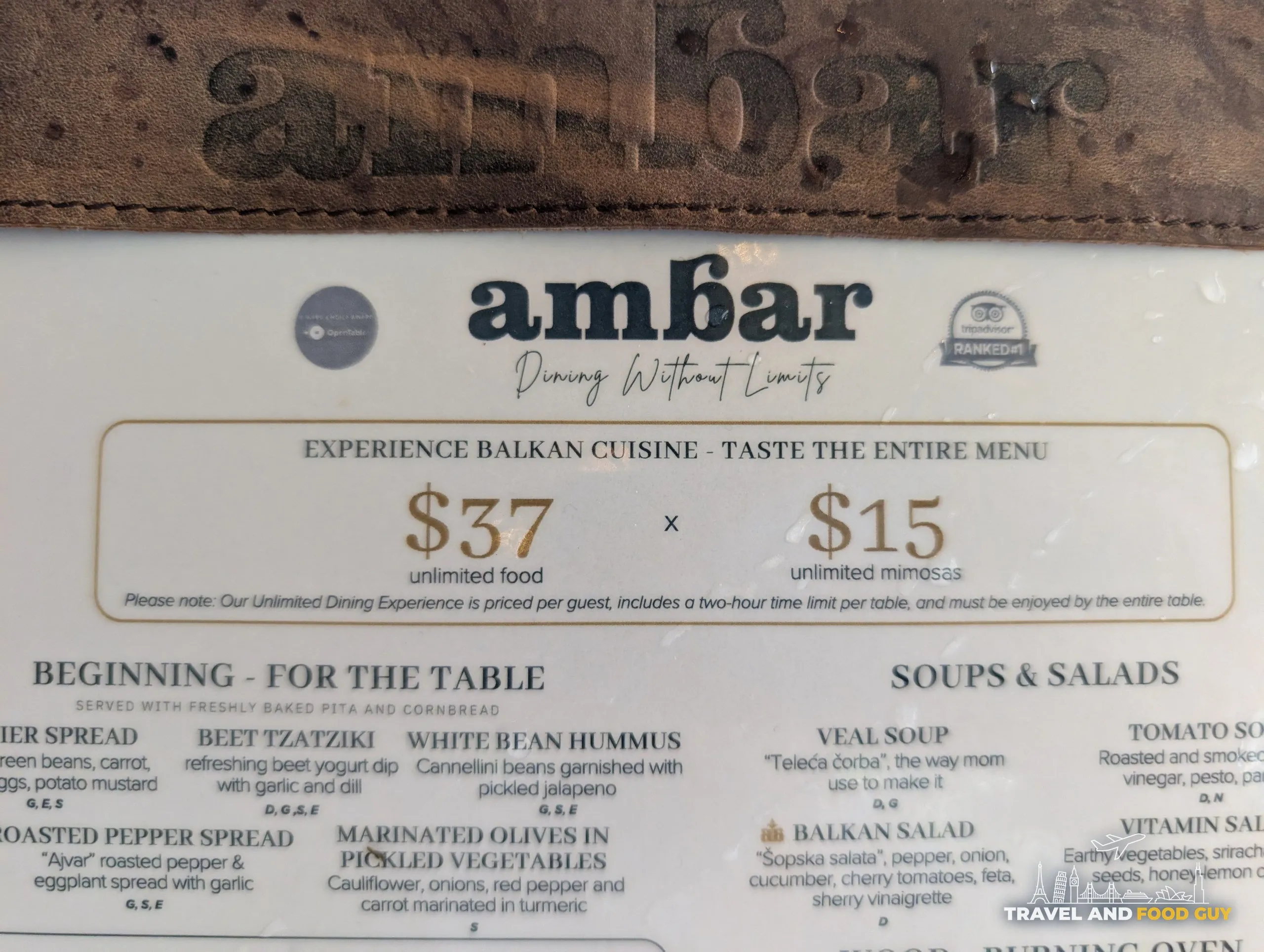 The fine print on the brunch menu states the unlimited experience is priced per guest, carries a two hour table limit, and must be taken by the entire table.