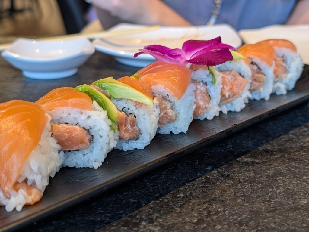 Generous cuts of salmon over the Sake Aisiteru roll, rich without being overpowering.